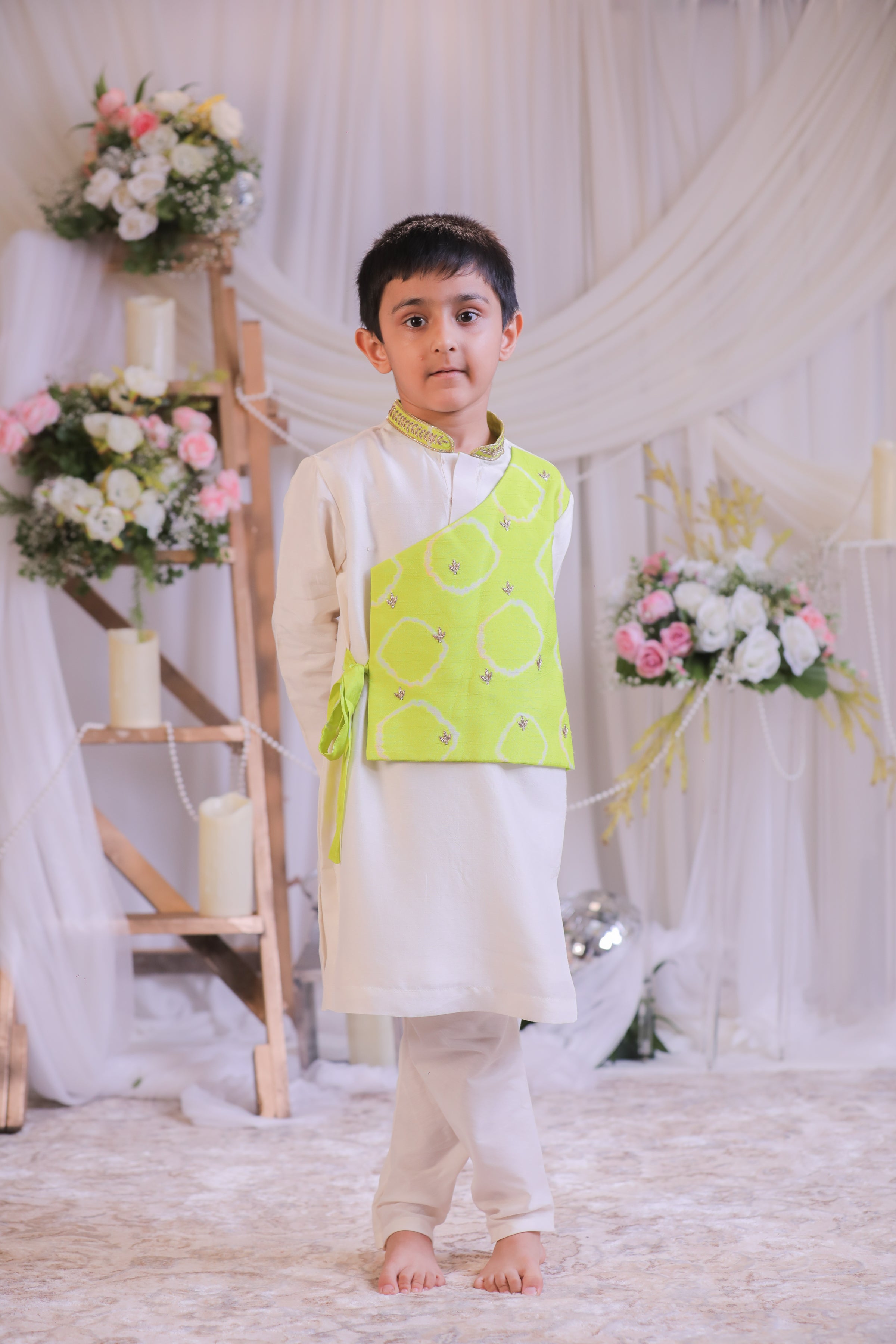 Green Bandhej Side Cut Kurta