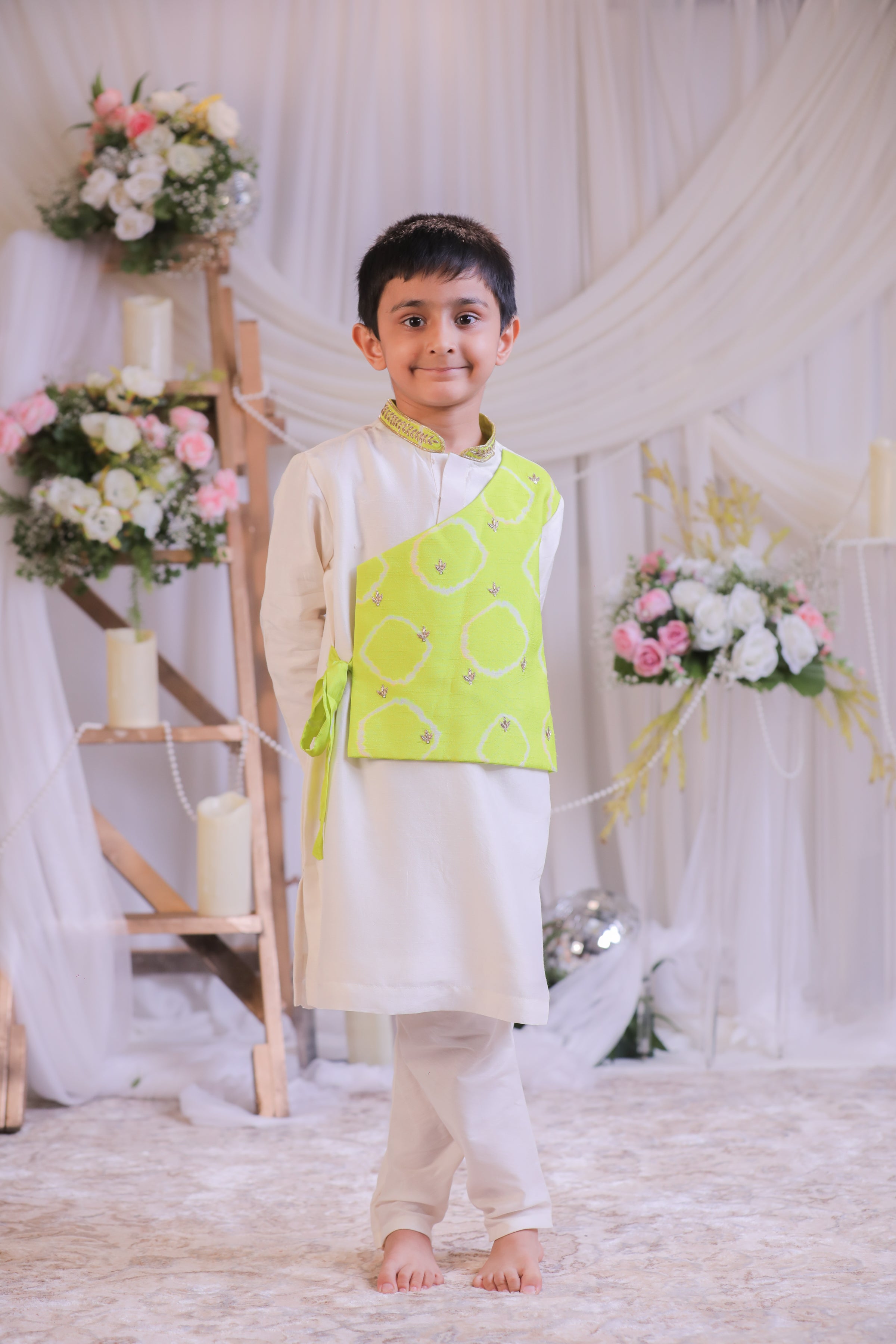 Green Bandhej Side Cut Kurta