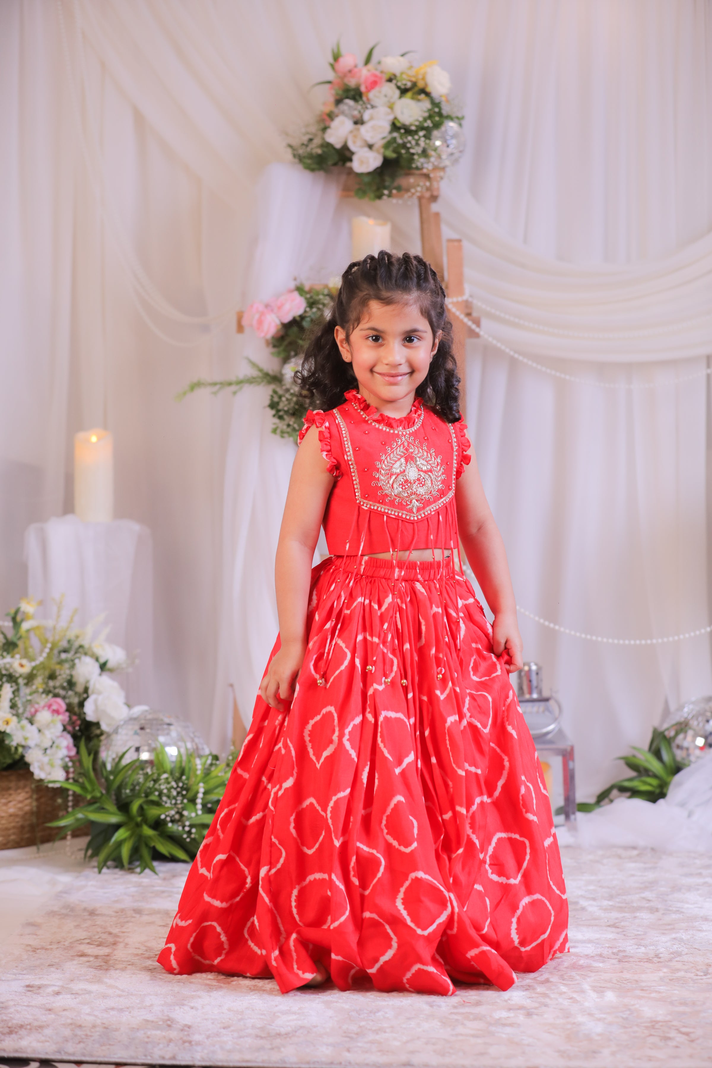 Red Bandhej Emb Ghagra Set
