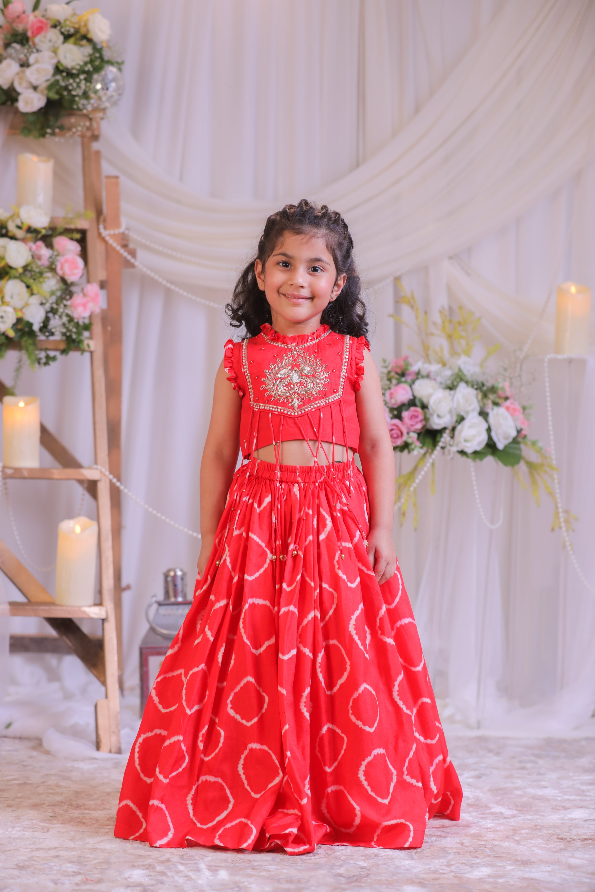 Red Bandhej Emb Ghagra Set