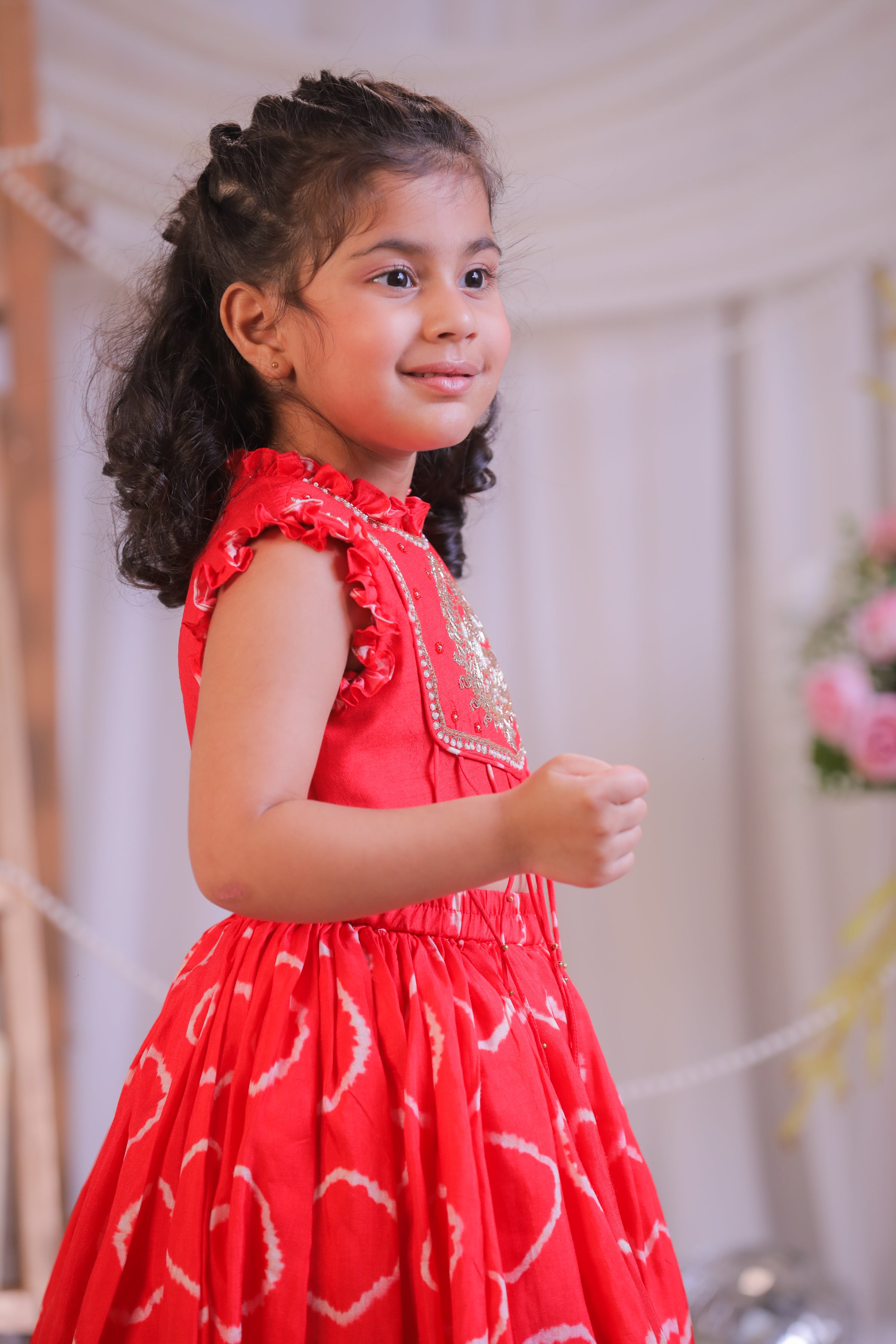Red Bandhej Emb Ghagra Set