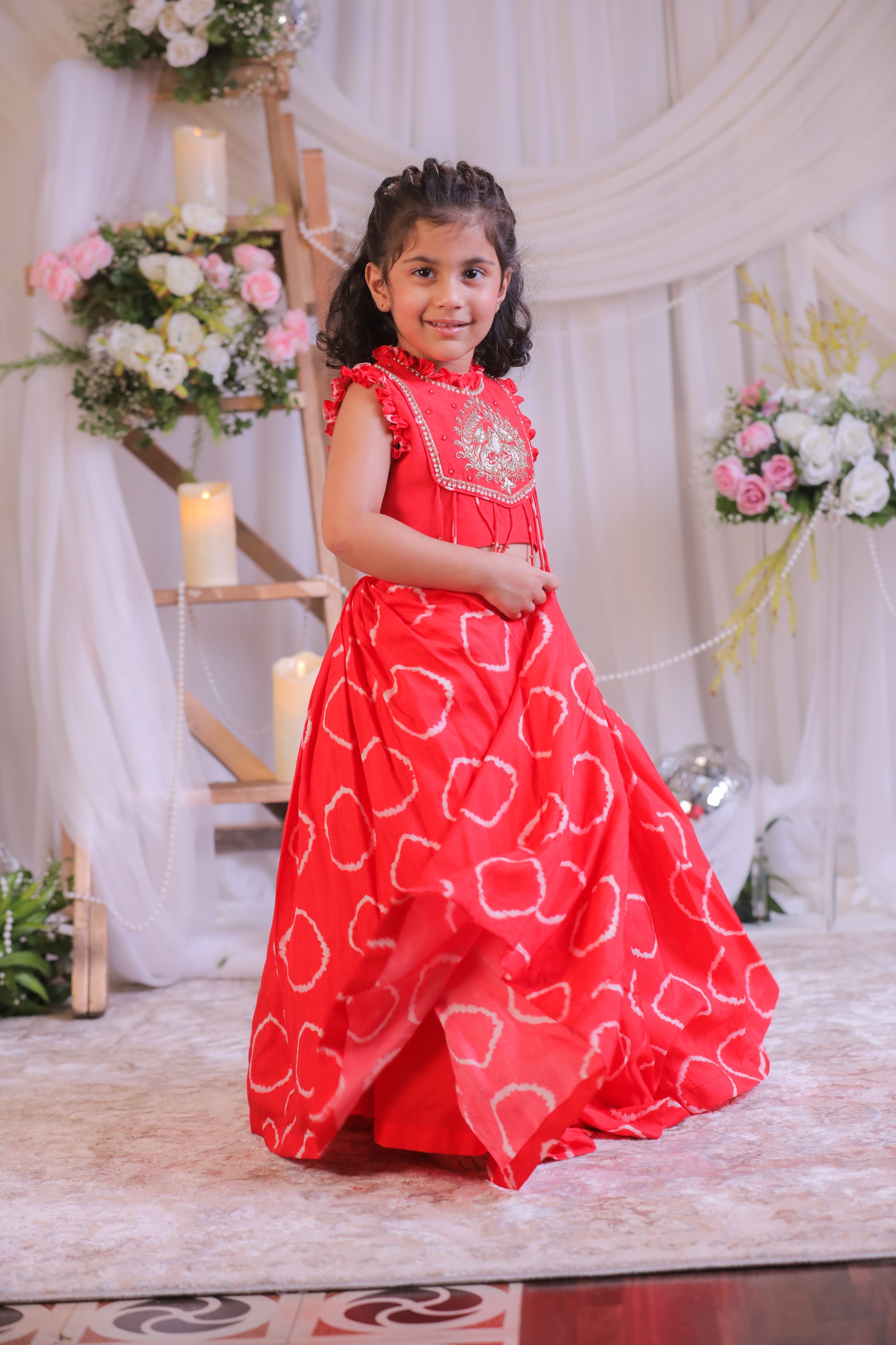 Red Bandhej Emb Ghagra Set