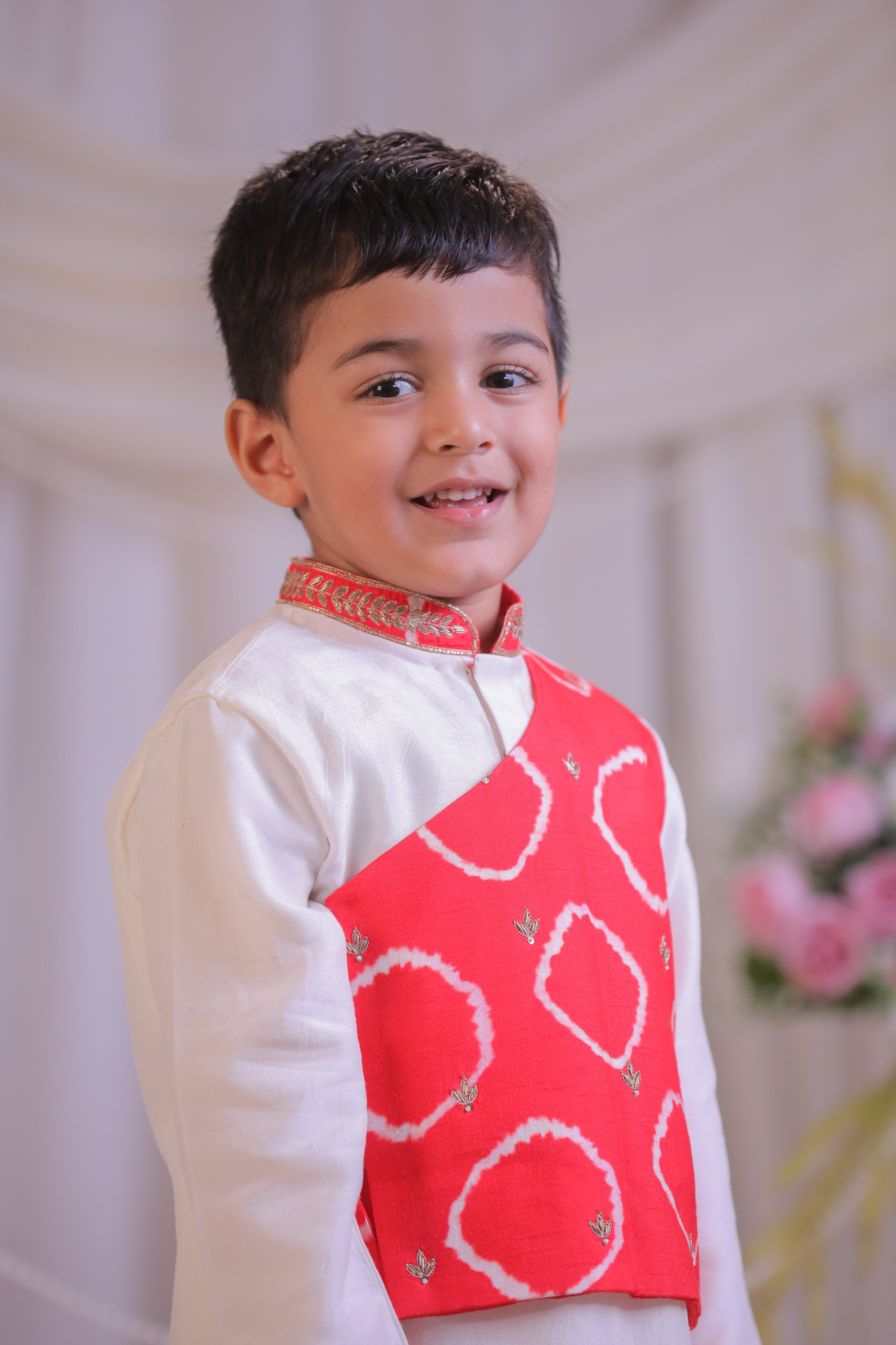 Red Bandhej Side Cut Kurta