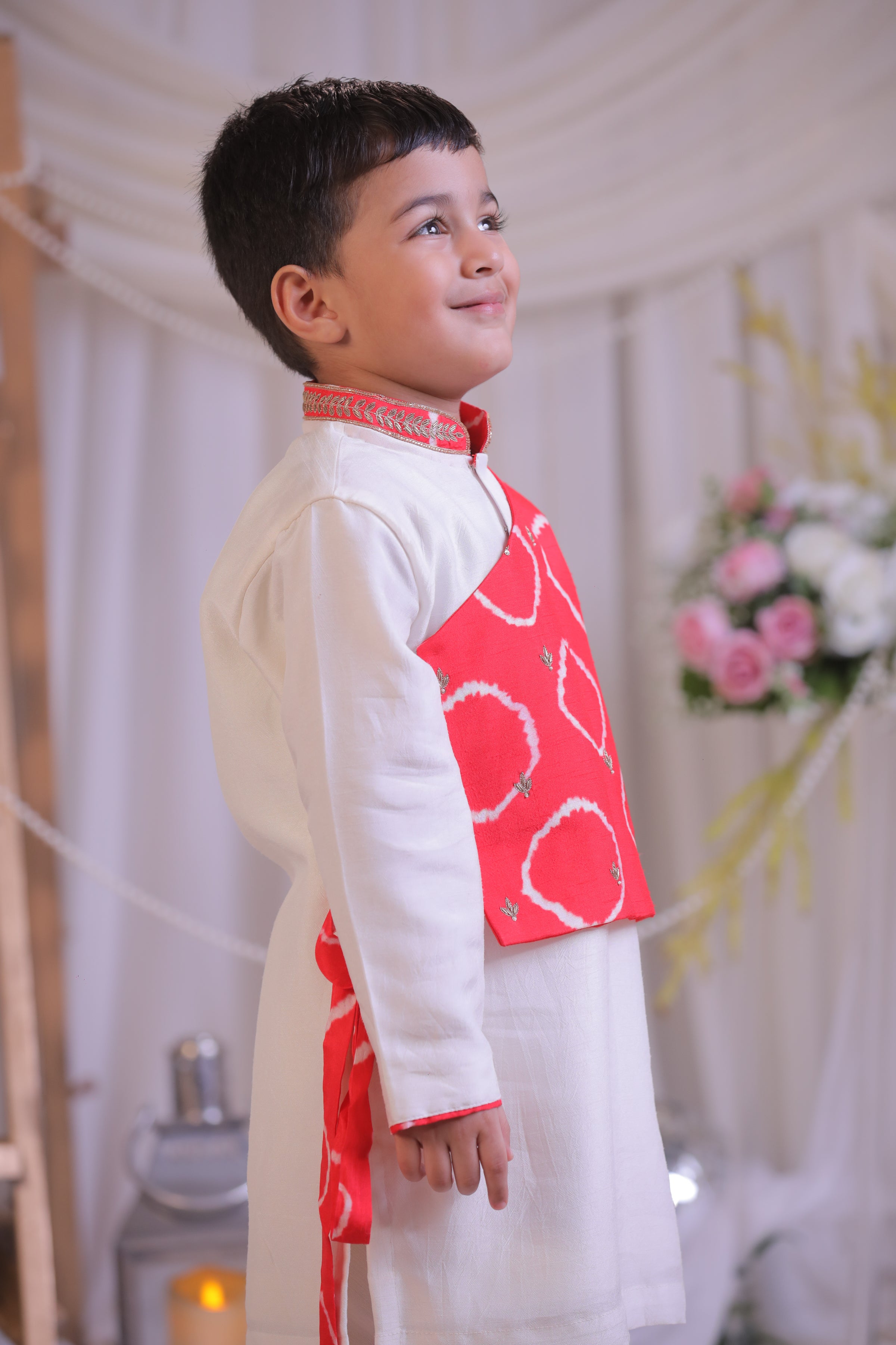 Red Bandhej Side Cut Kurta
