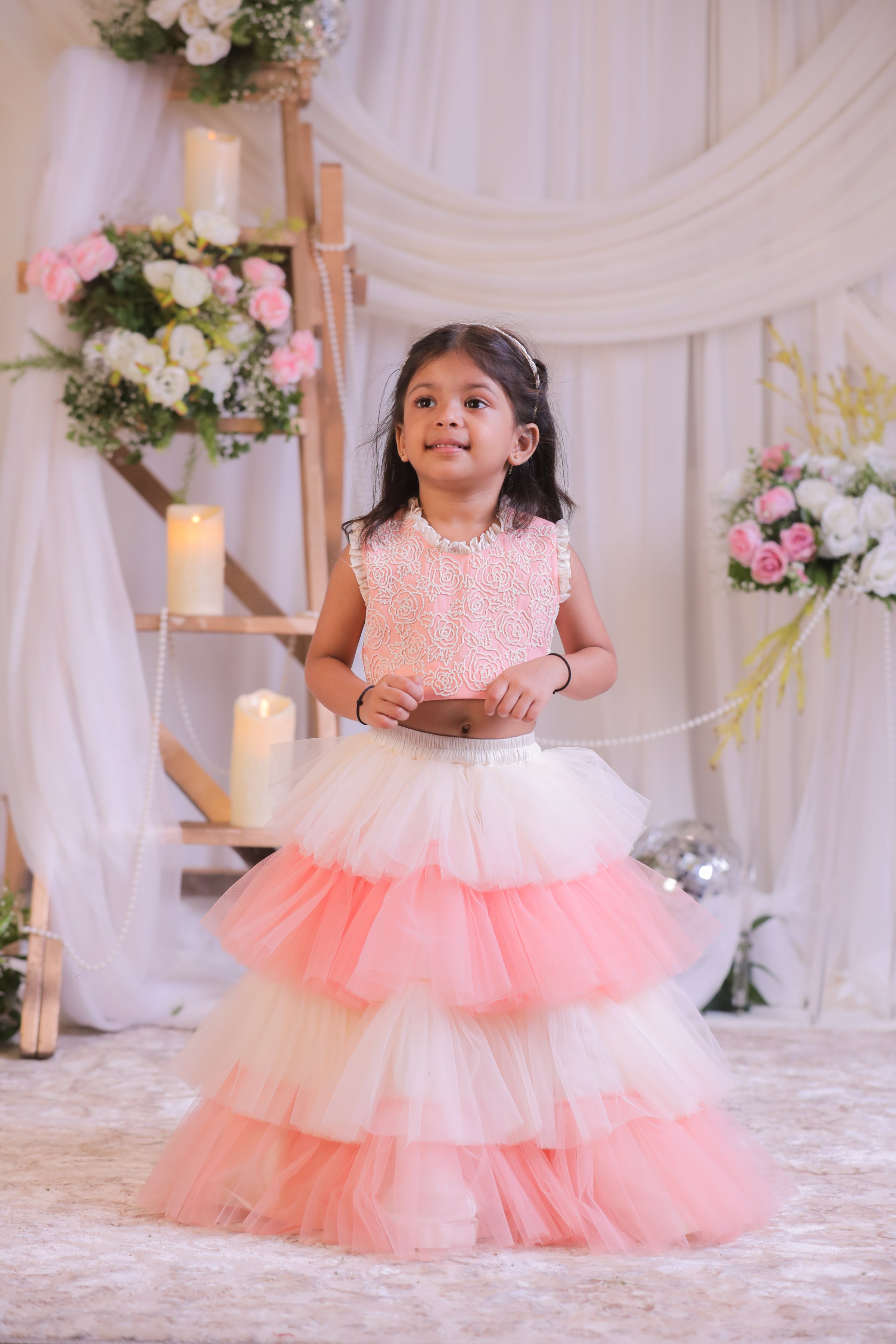 Peach Pearl Frill Ghagra Set
