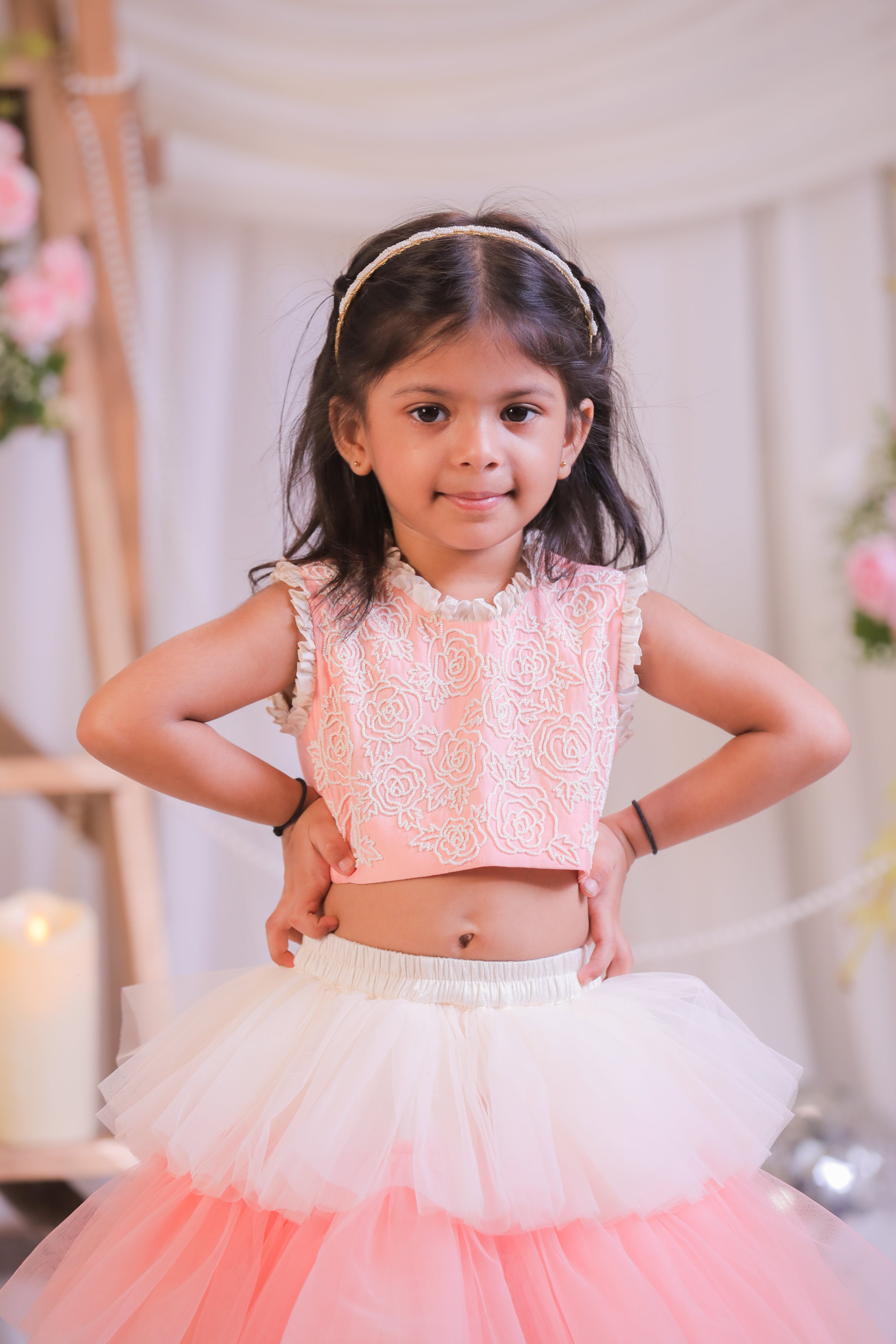 Peach Pearl Frill Ghagra Set