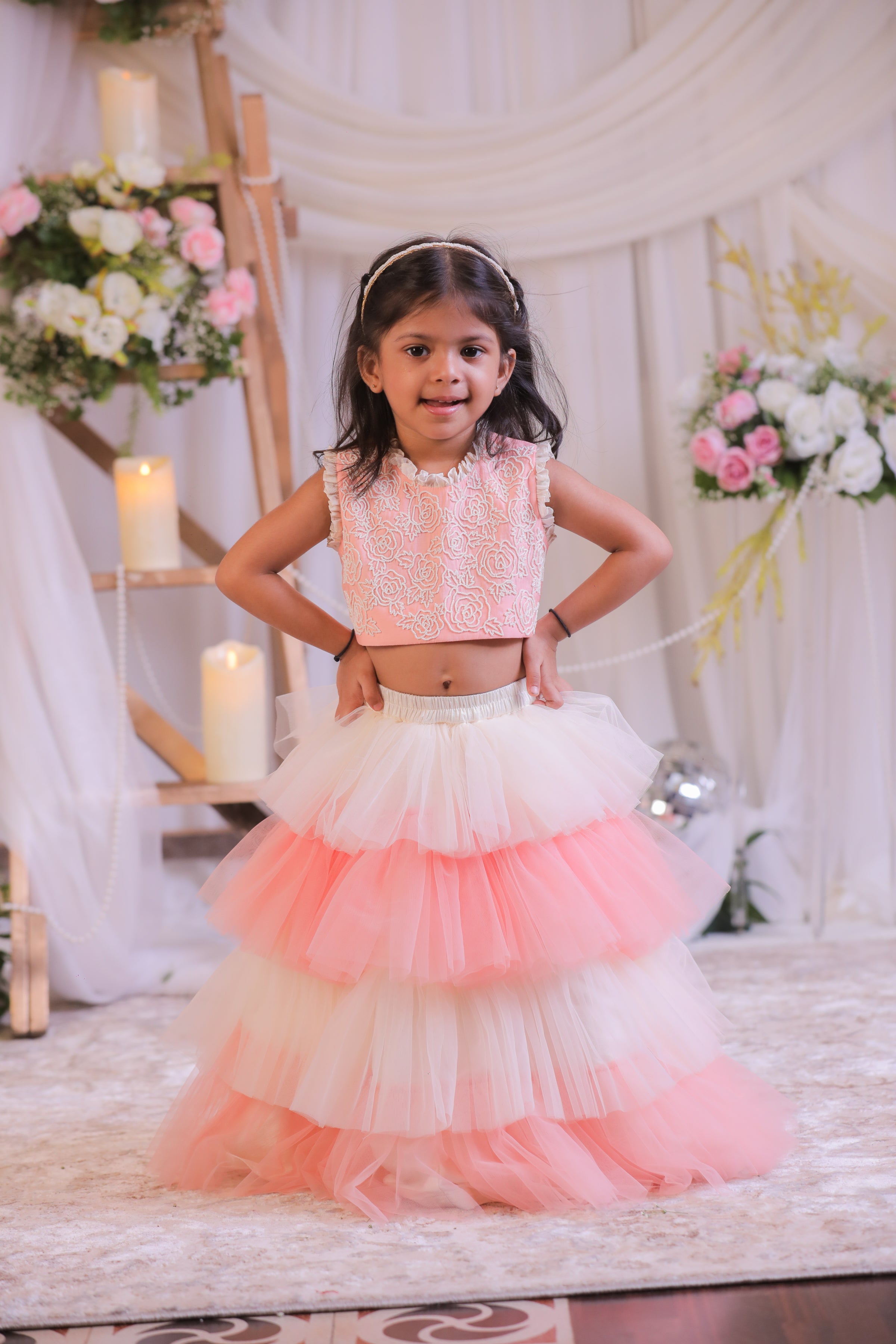 Peach Pearl Frill Ghagra Set
