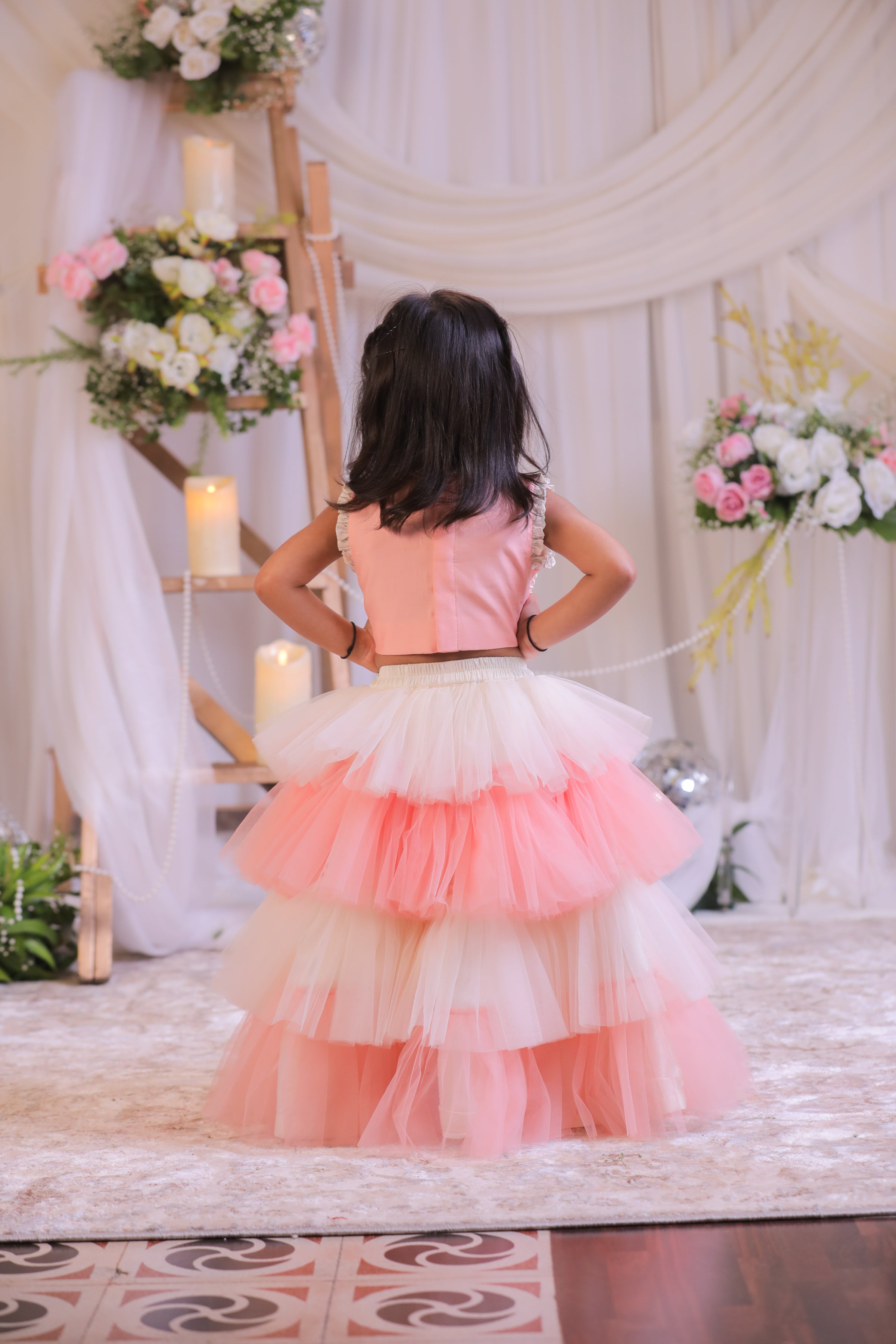 Peach Pearl Frill Ghagra Set