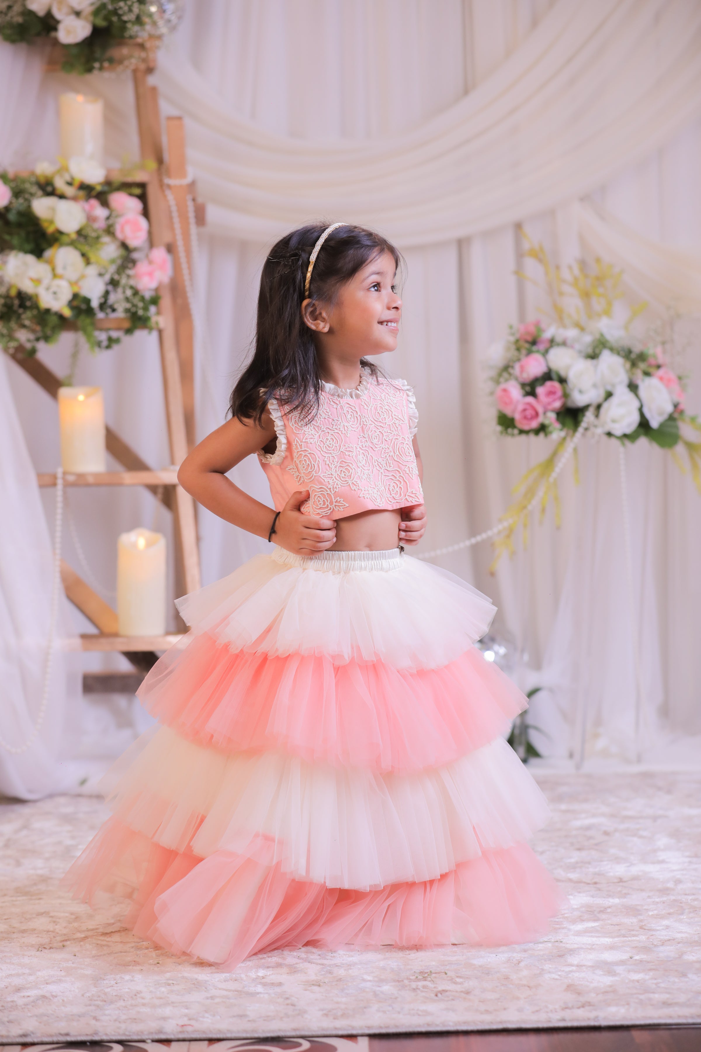 Peach Pearl Frill Ghagra Set