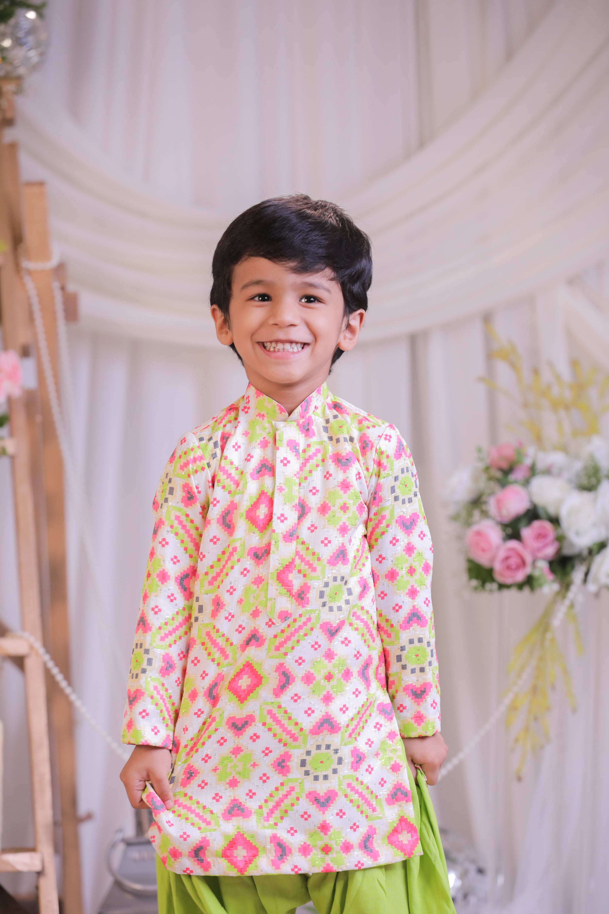 White Green Ikkat Kurta Patiala