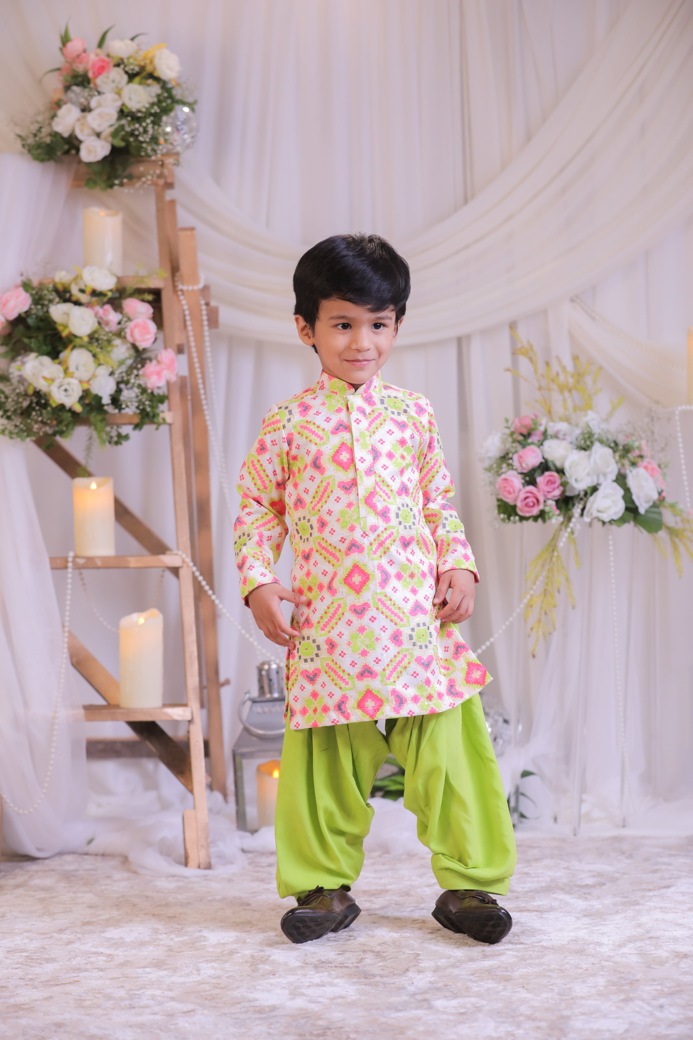 White Green Ikkat Kurta Patiala
