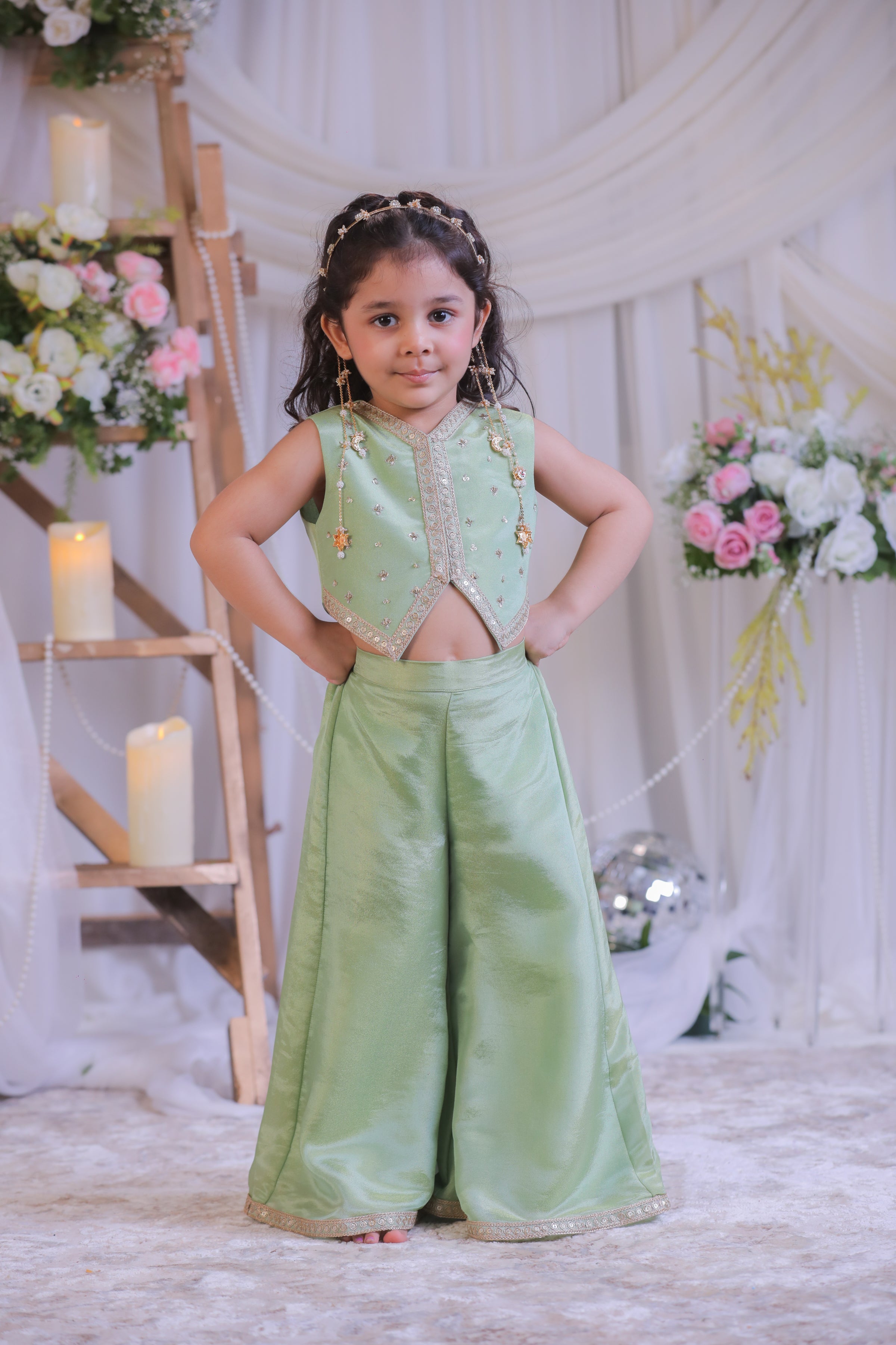 Green Tissue Waistcoat Palazzo Set