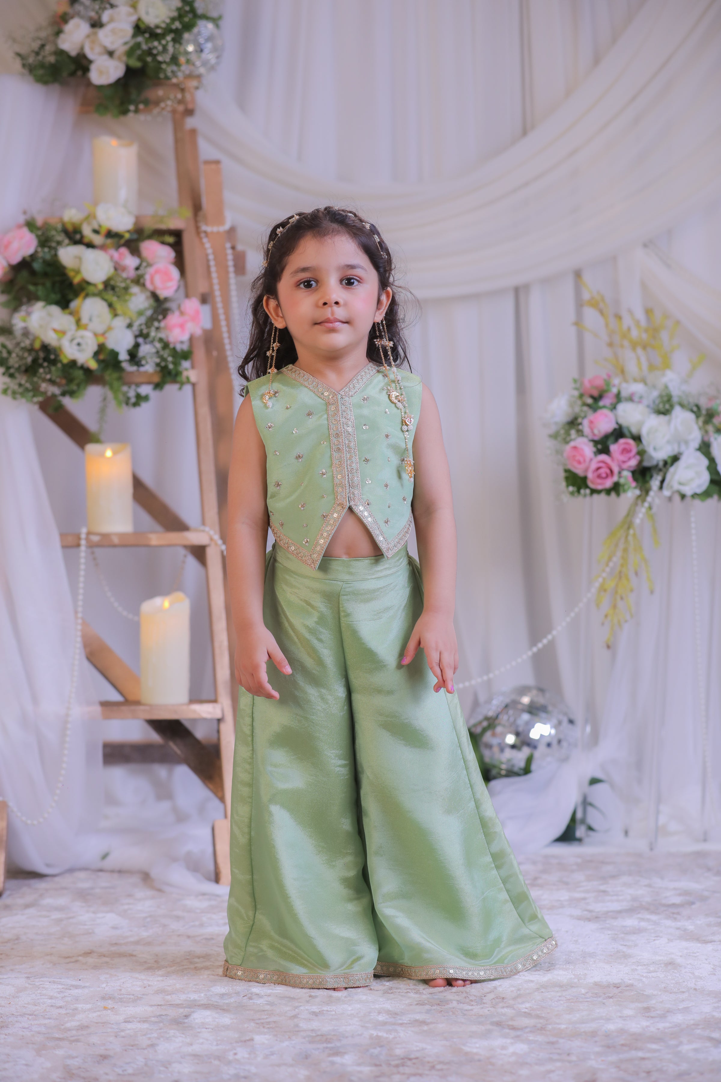 Green Tissue Waistcoat Palazzo Set