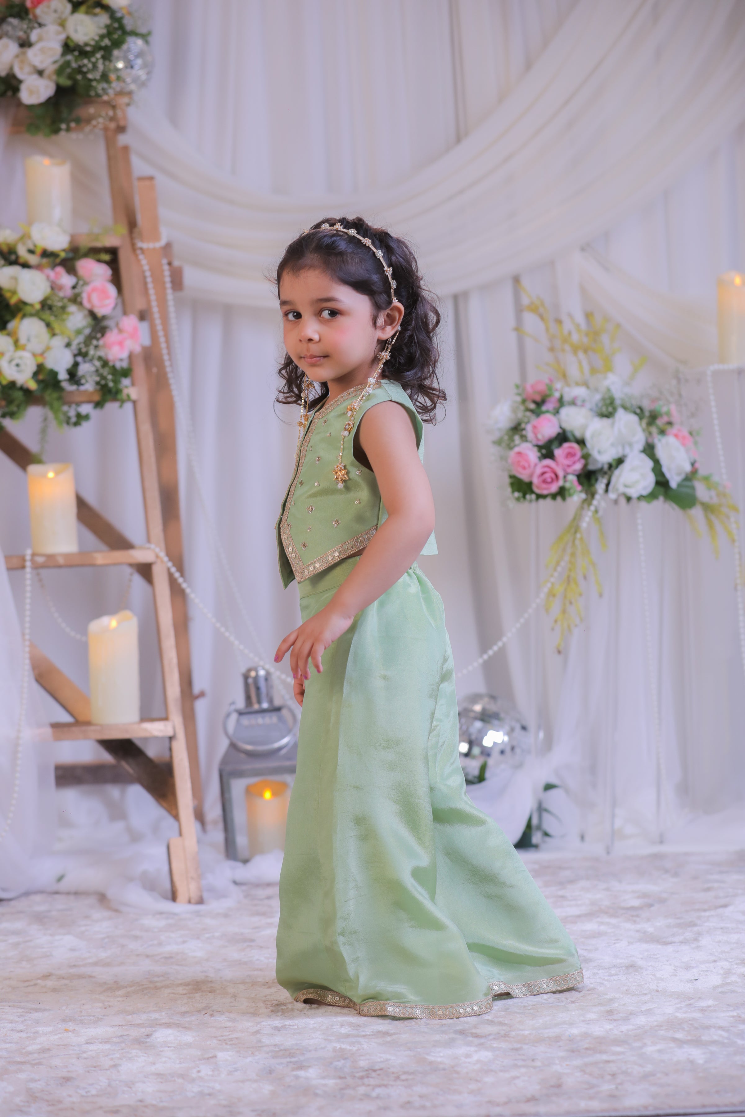 Green Tissue Waistcoat Palazzo Set