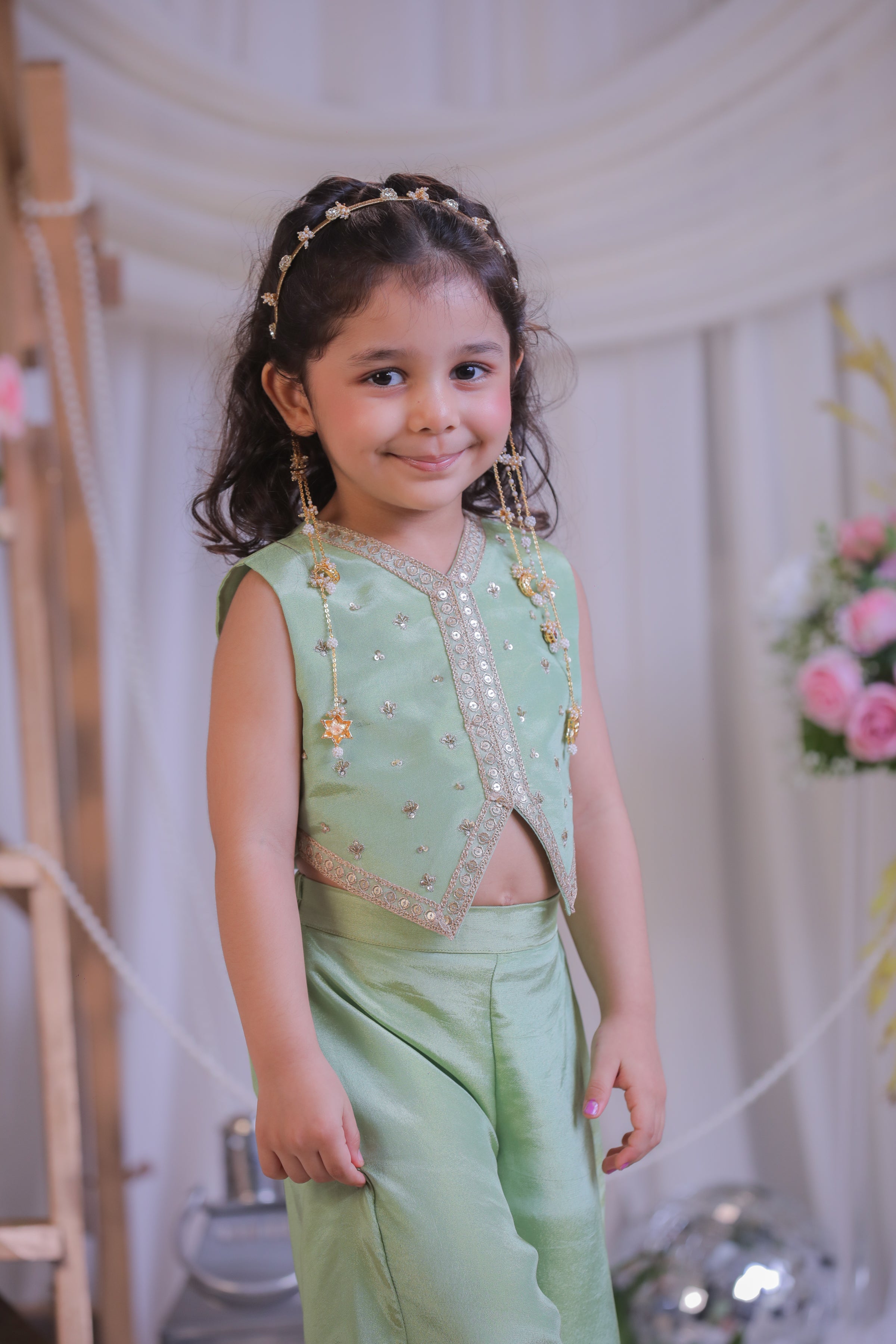 Green Tissue Waistcoat Palazzo Set