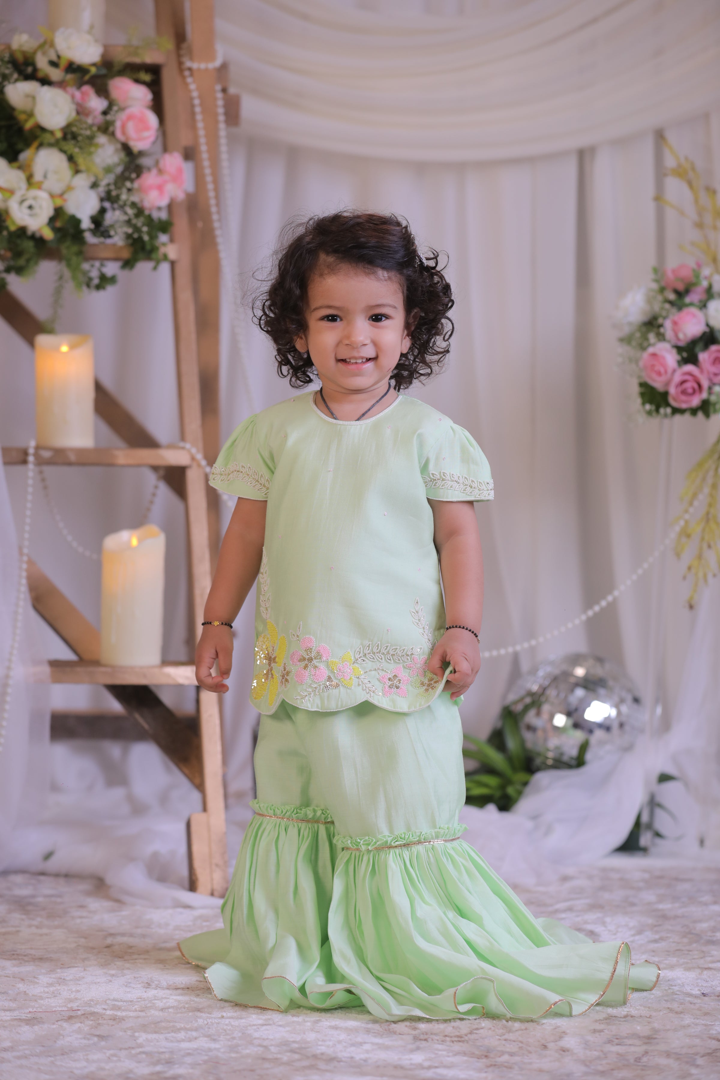 Green Flower Sequins Sharara Set