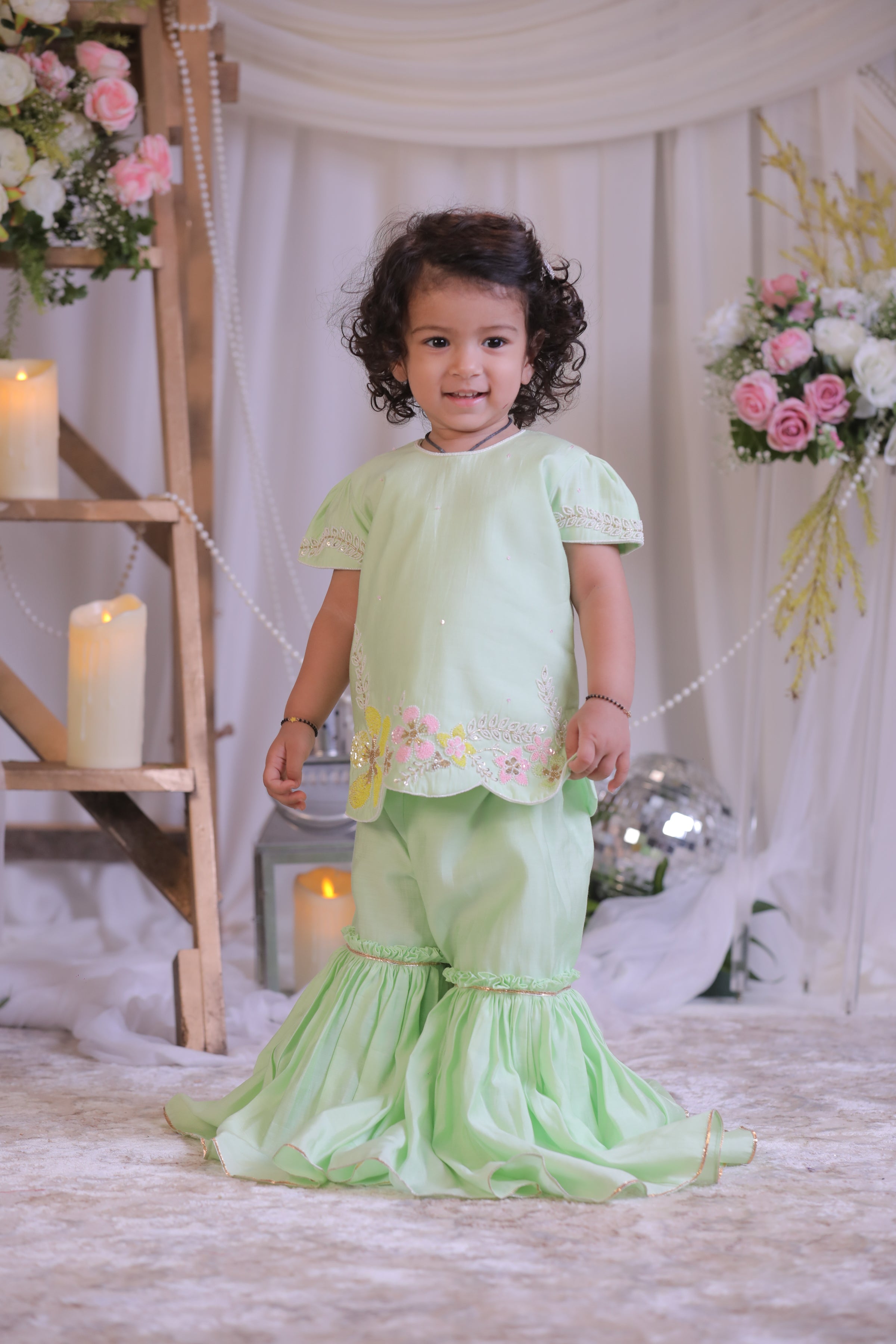 Green Flower Sequins Sharara Set