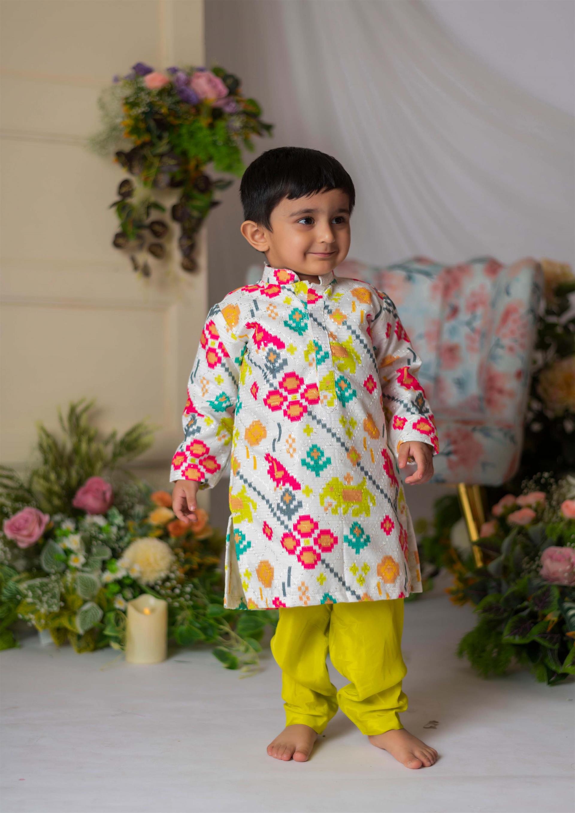 White Ikkat Kurta With Green Churidar