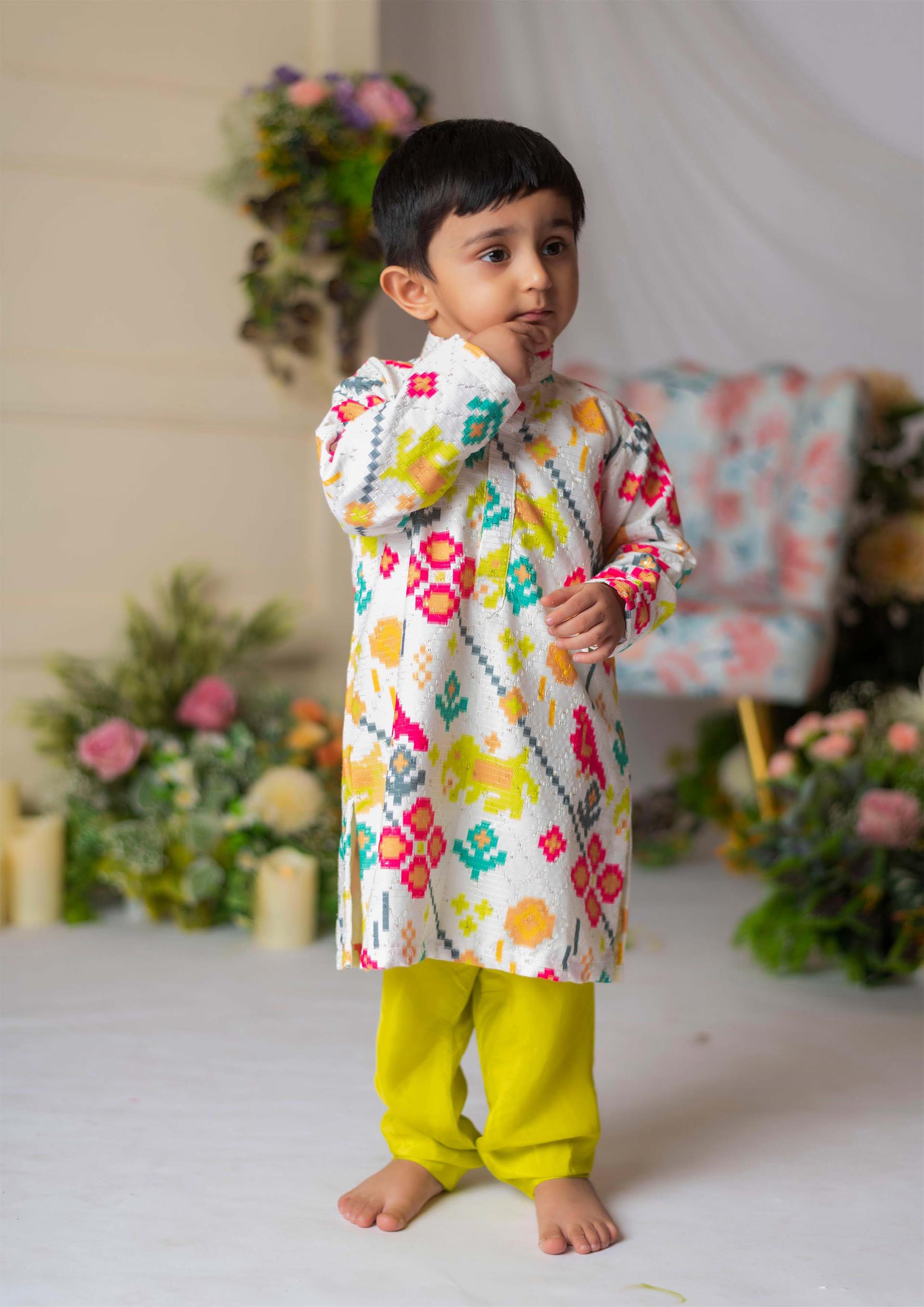 White Ikkat Kurta With Green Churidar