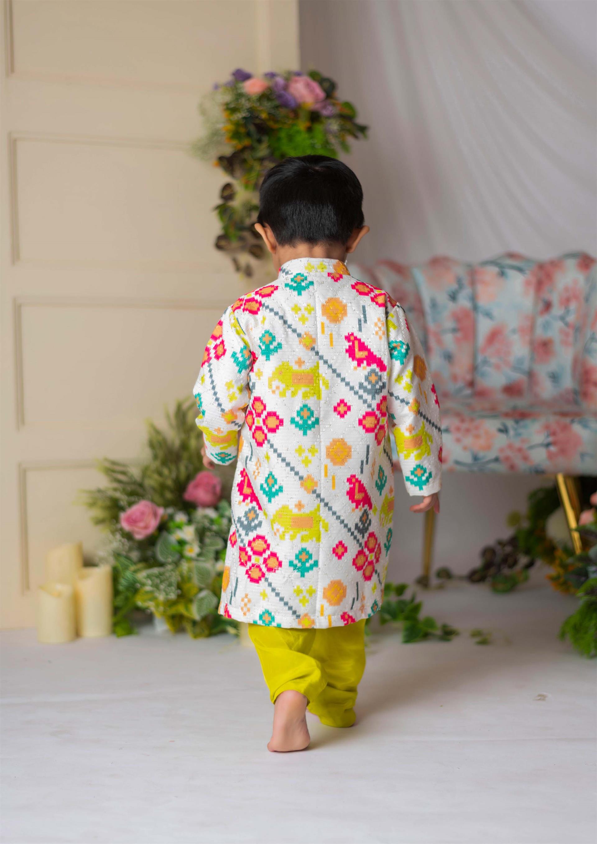 White Ikkat Kurta With Green Churidar