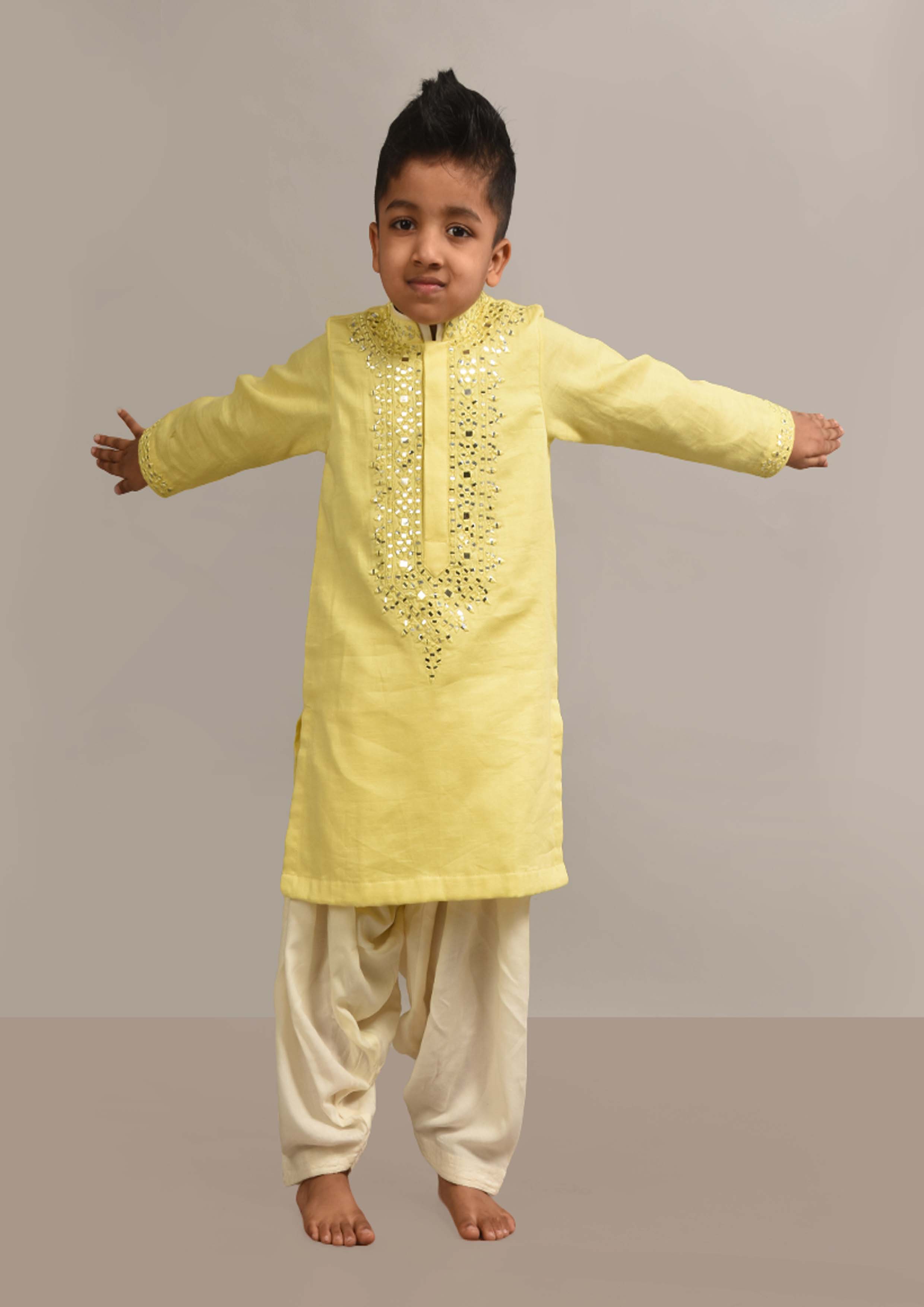 Yellow Mirror Embroidery Kurta Patiala