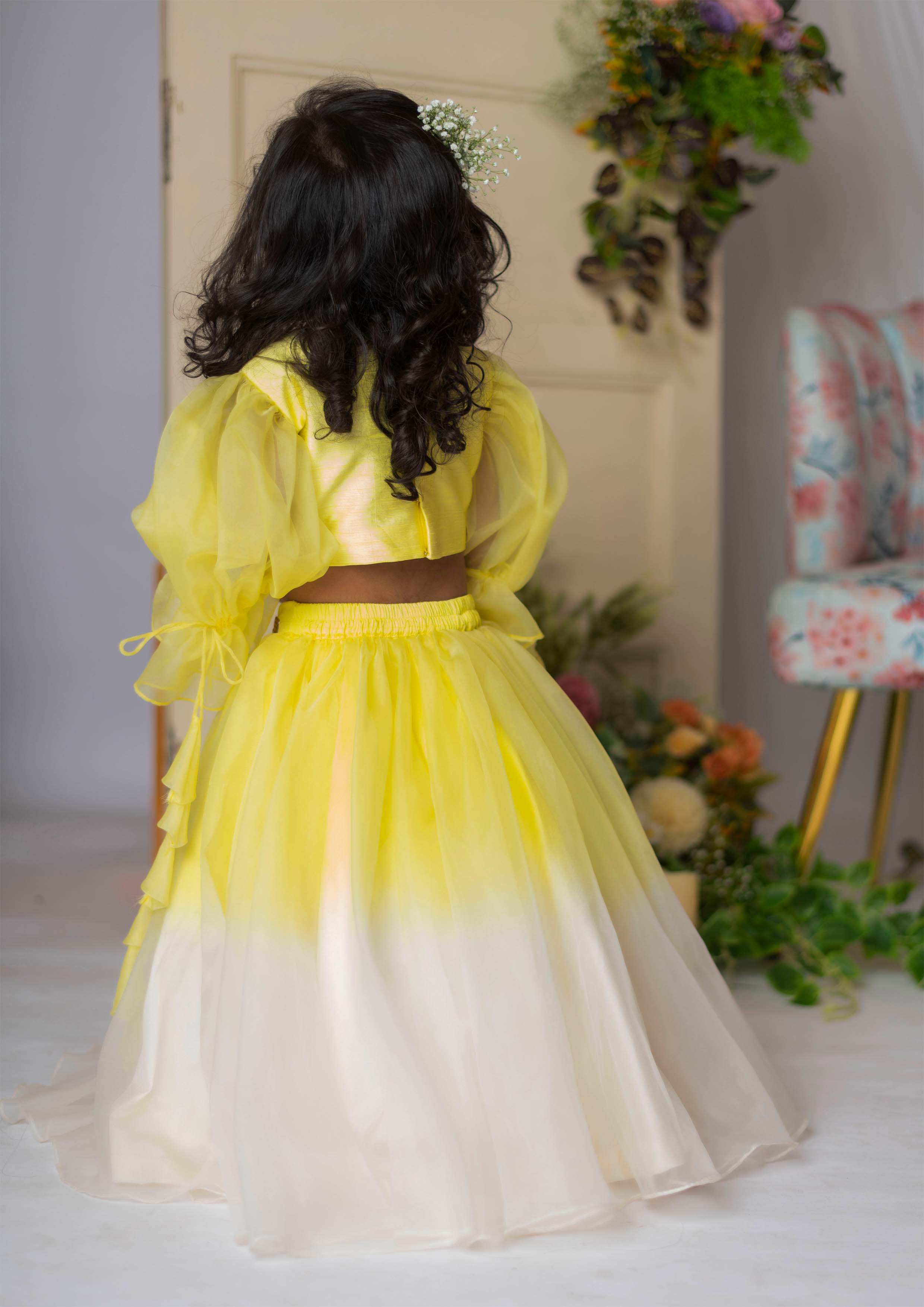 Yellow White Floral Embroidery Ghaghra Set