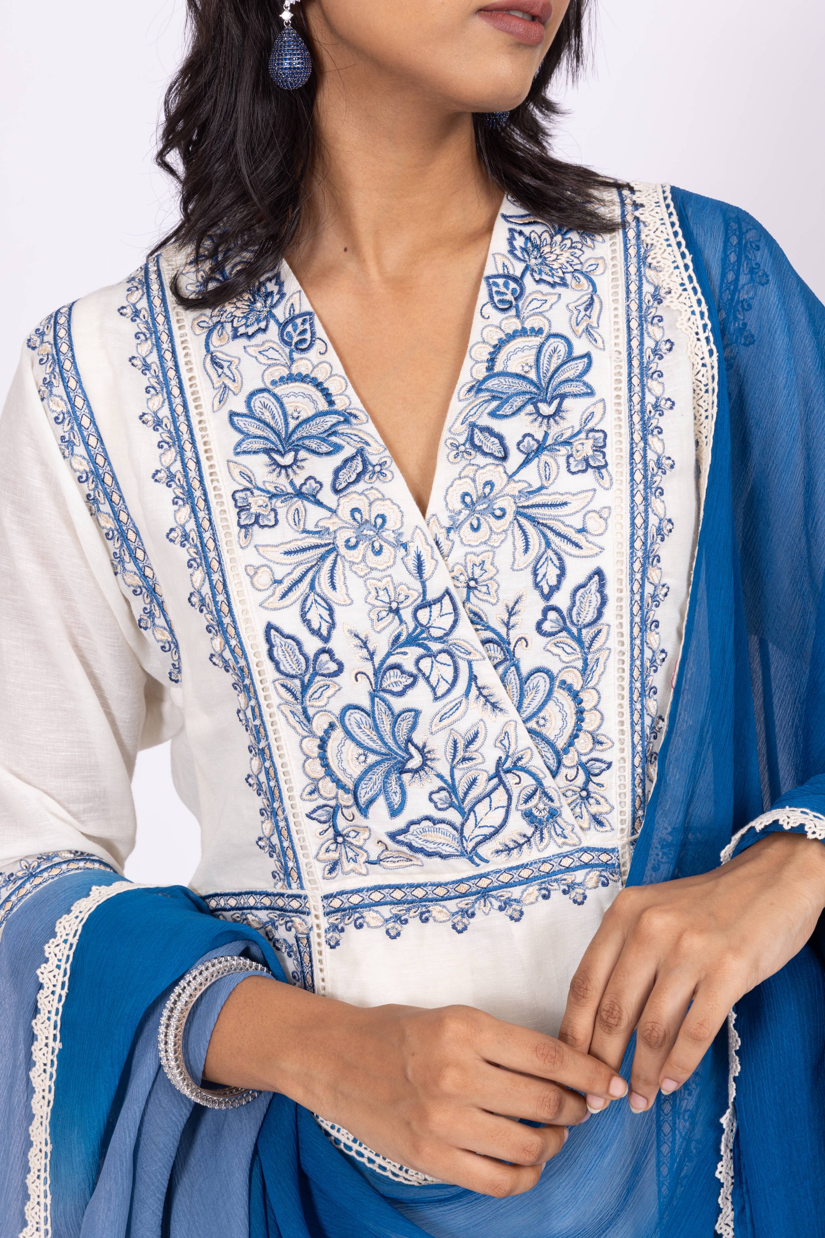 Crafted Nargis Linen Kurta Set with Striped Chiffon Dupatta