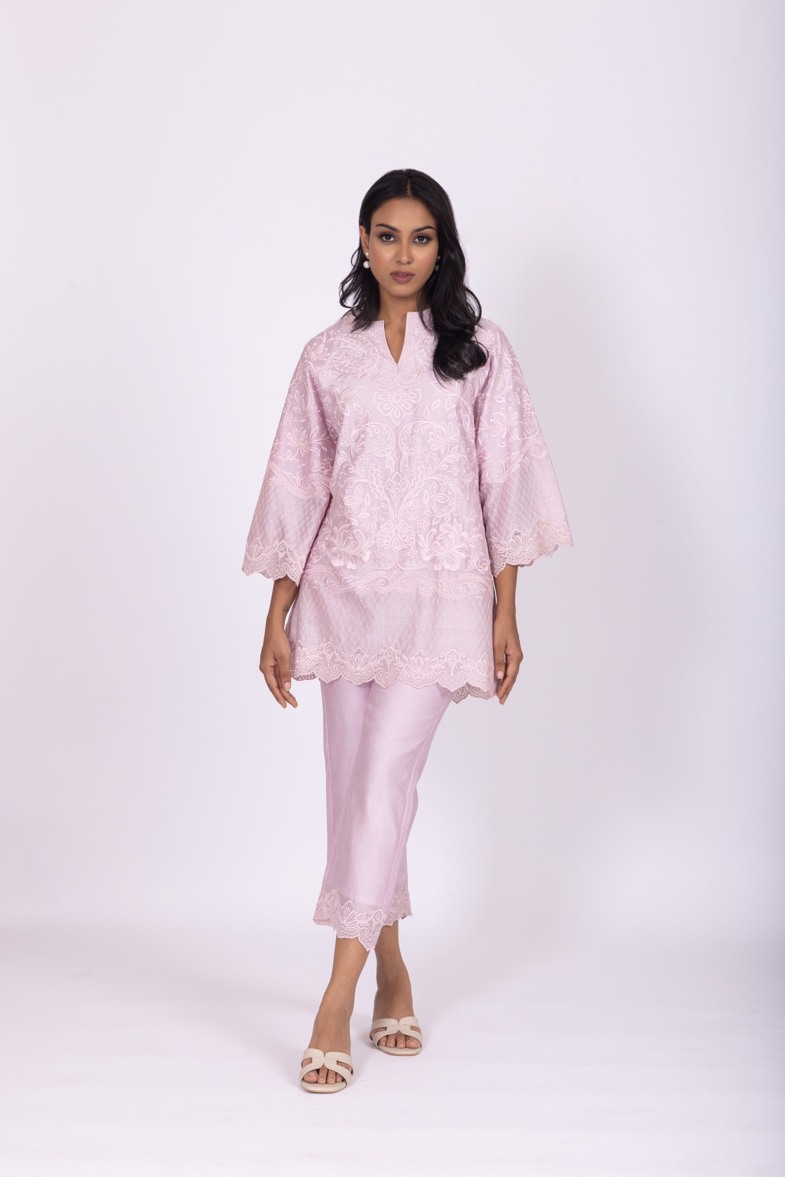 Lilac Chanderi Embroidered Kurta Set