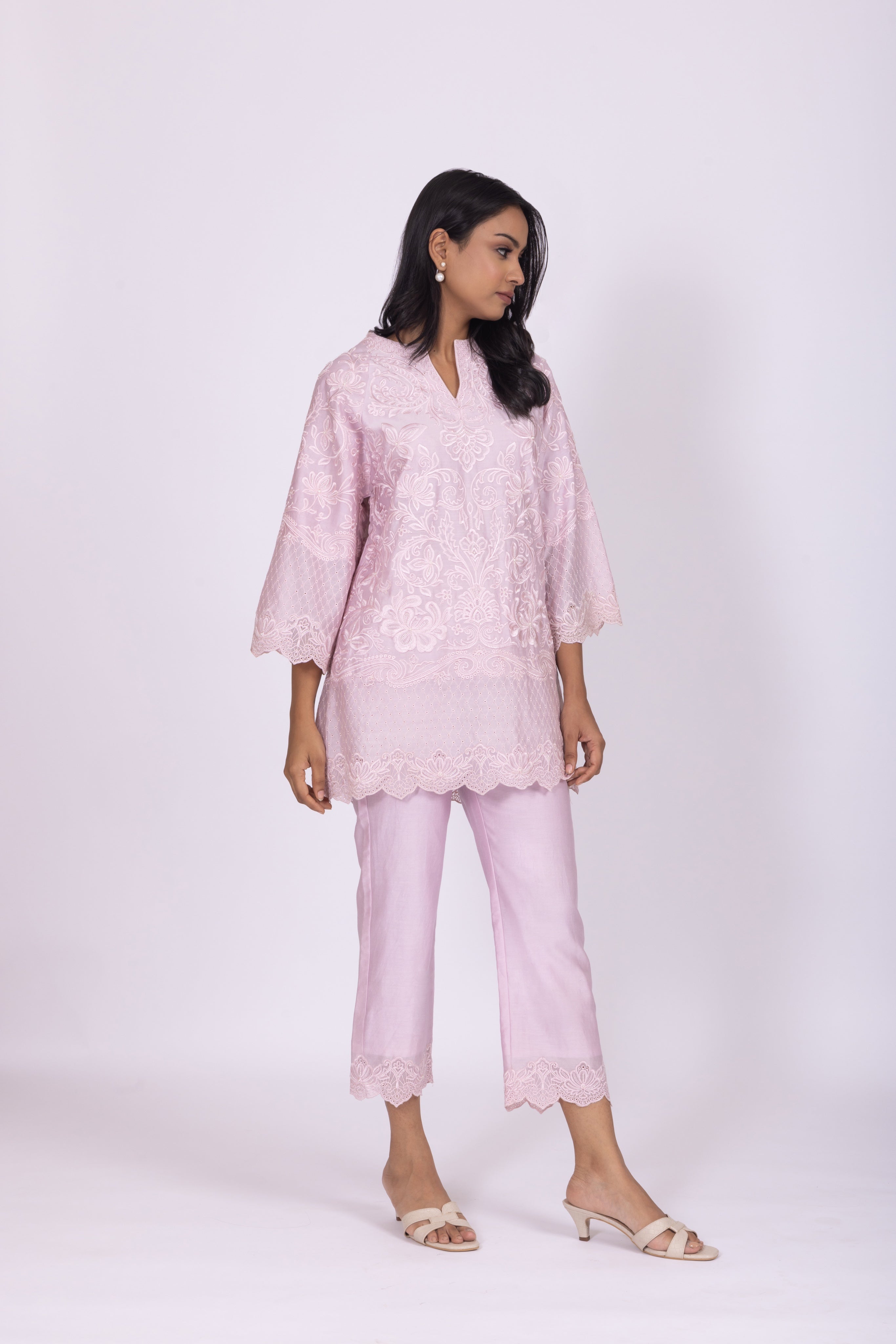 Lilac Chanderi Embroidered Kurta Set
