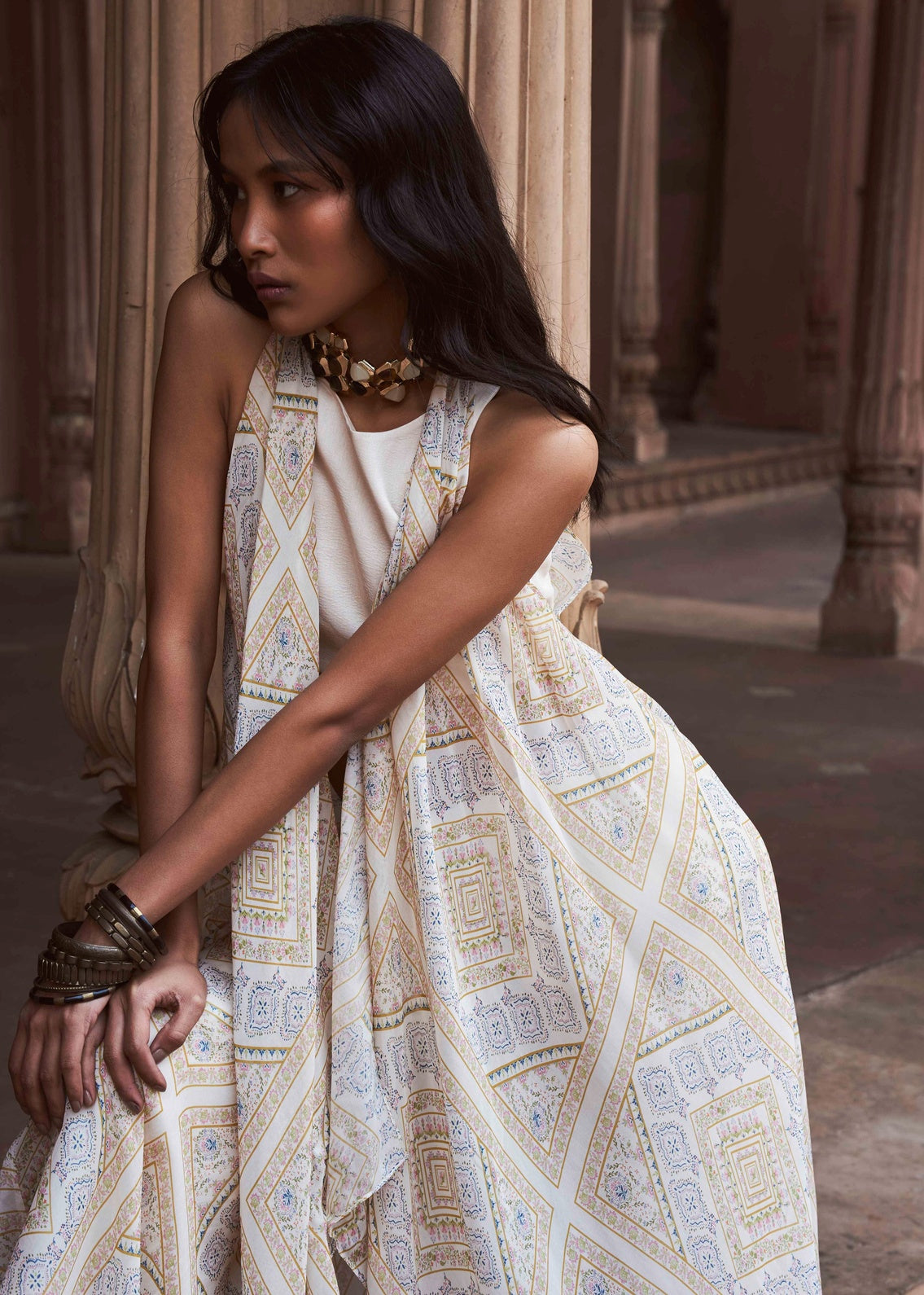 Ivory Silk Ensemble with Printed Organza Jacket & Palazzo