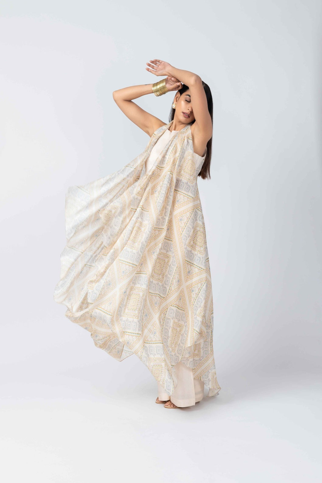 Ivory Silk Ensemble with Printed Organza Jacket & Palazzo