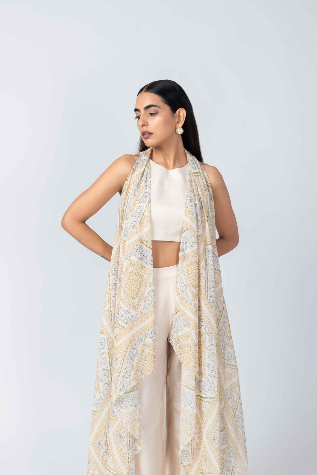 Ivory Silk Ensemble with Printed Organza Jacket & Palazzo