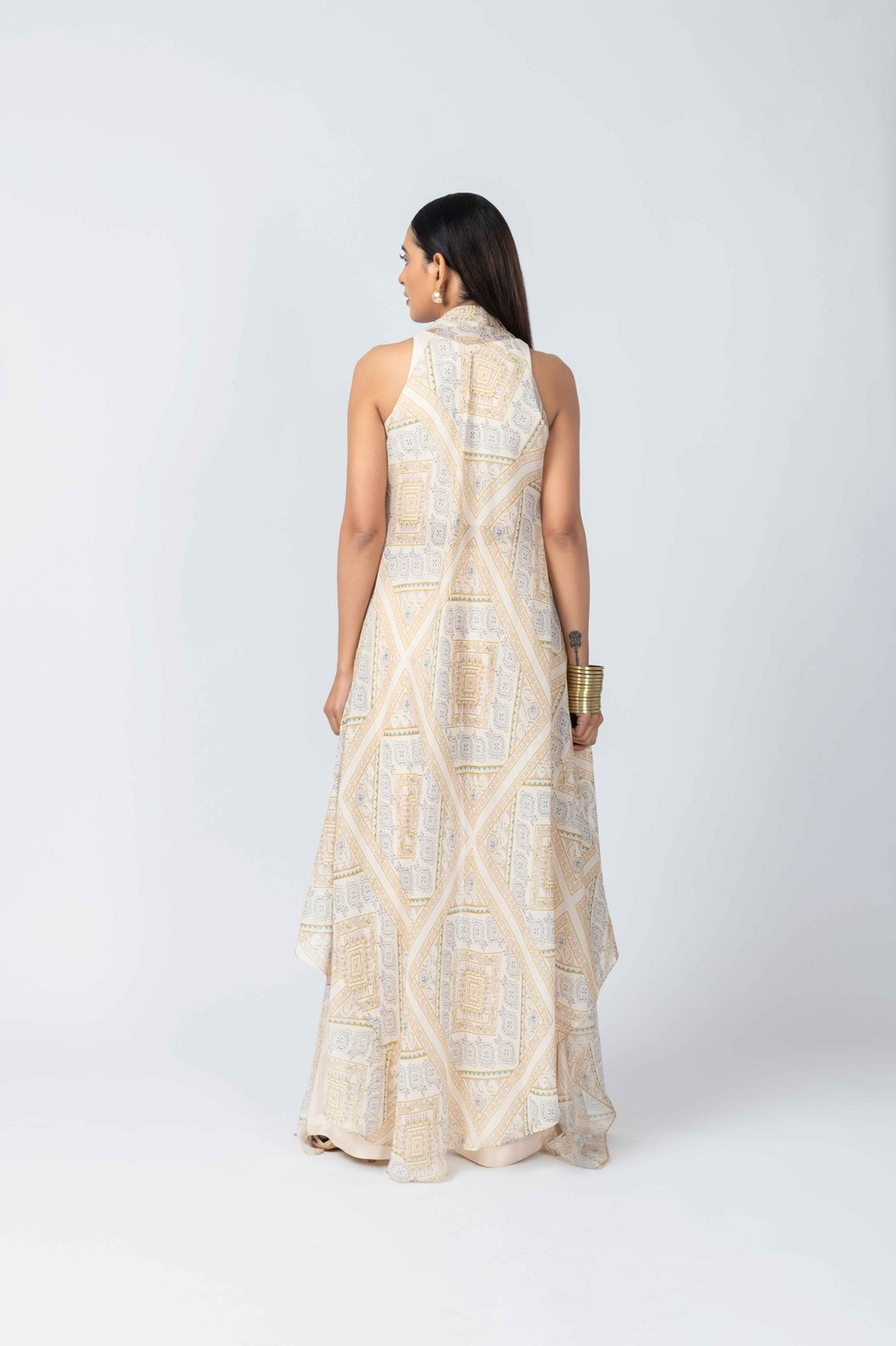 Ivory Silk Ensemble with Printed Organza Jacket & Palazzo