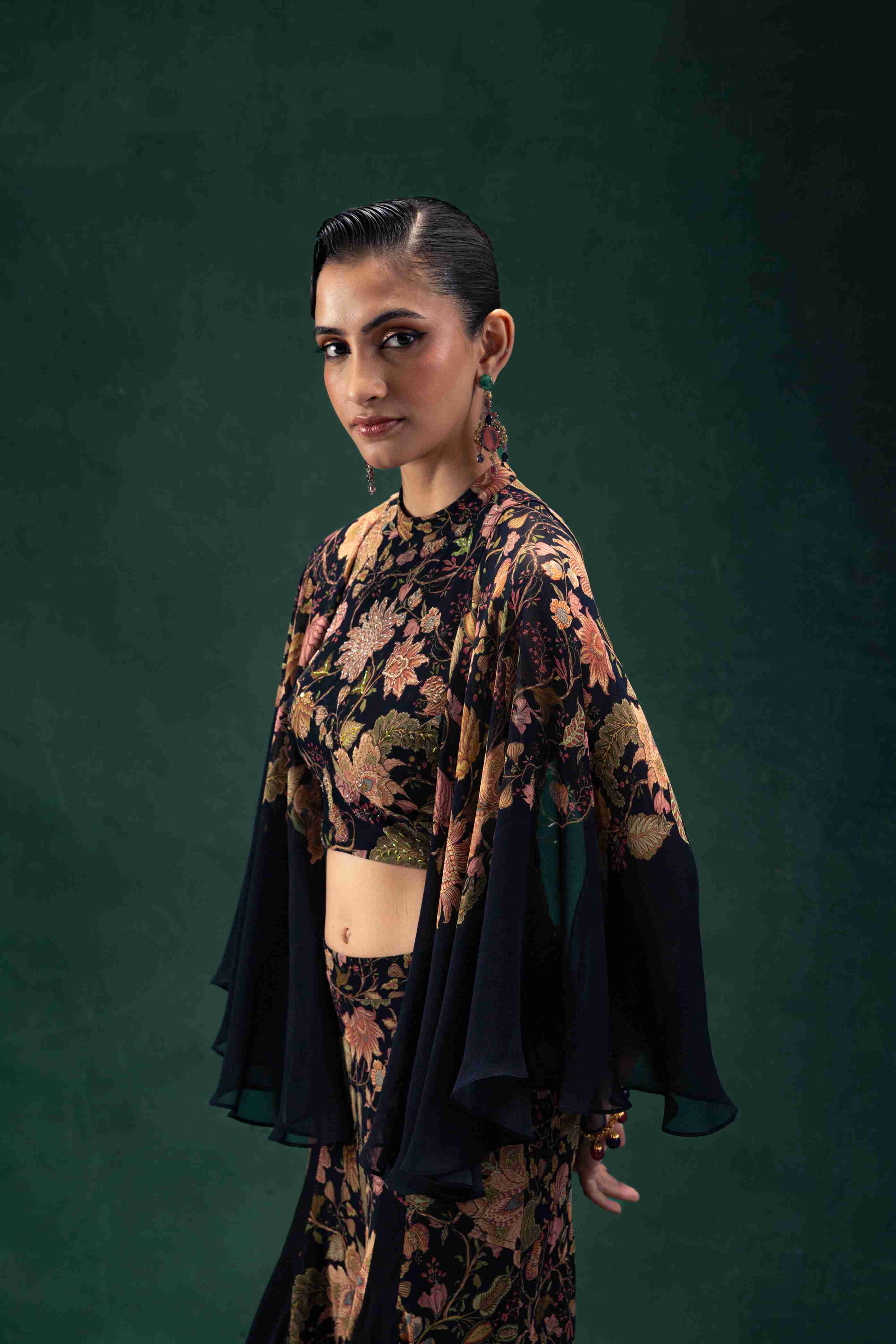 Black Printed Co-Ord Set with a Tunic Top with Flared Sleeves and Flared Shararas