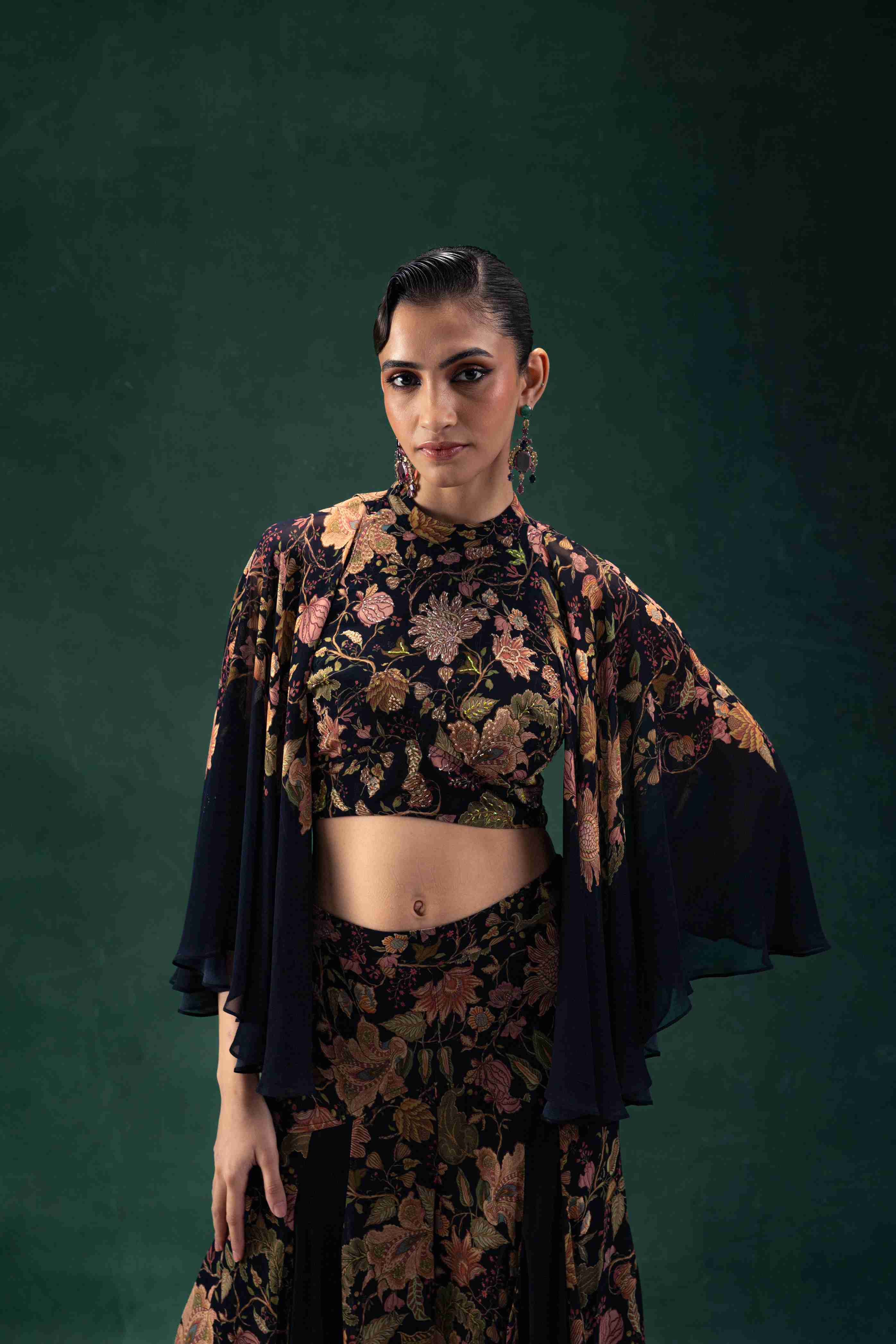 Black Printed Co-Ord Set with a Tunic Top with Flared Sleeves and Flared Shararas