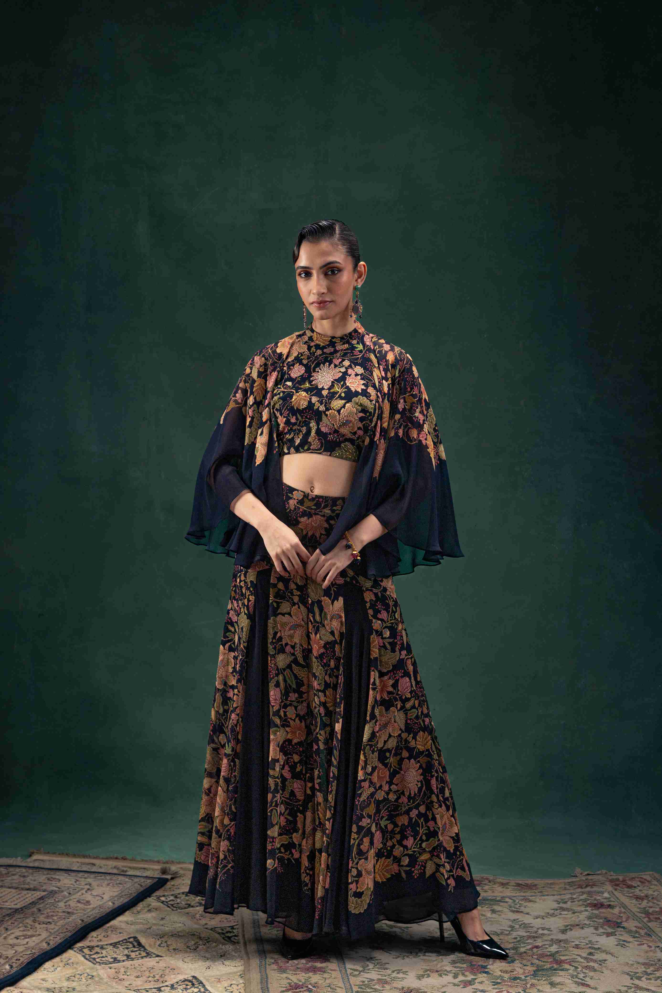 Black Printed Co-Ord Set with a Tunic Top with Flared Sleeves and Flared Shararas