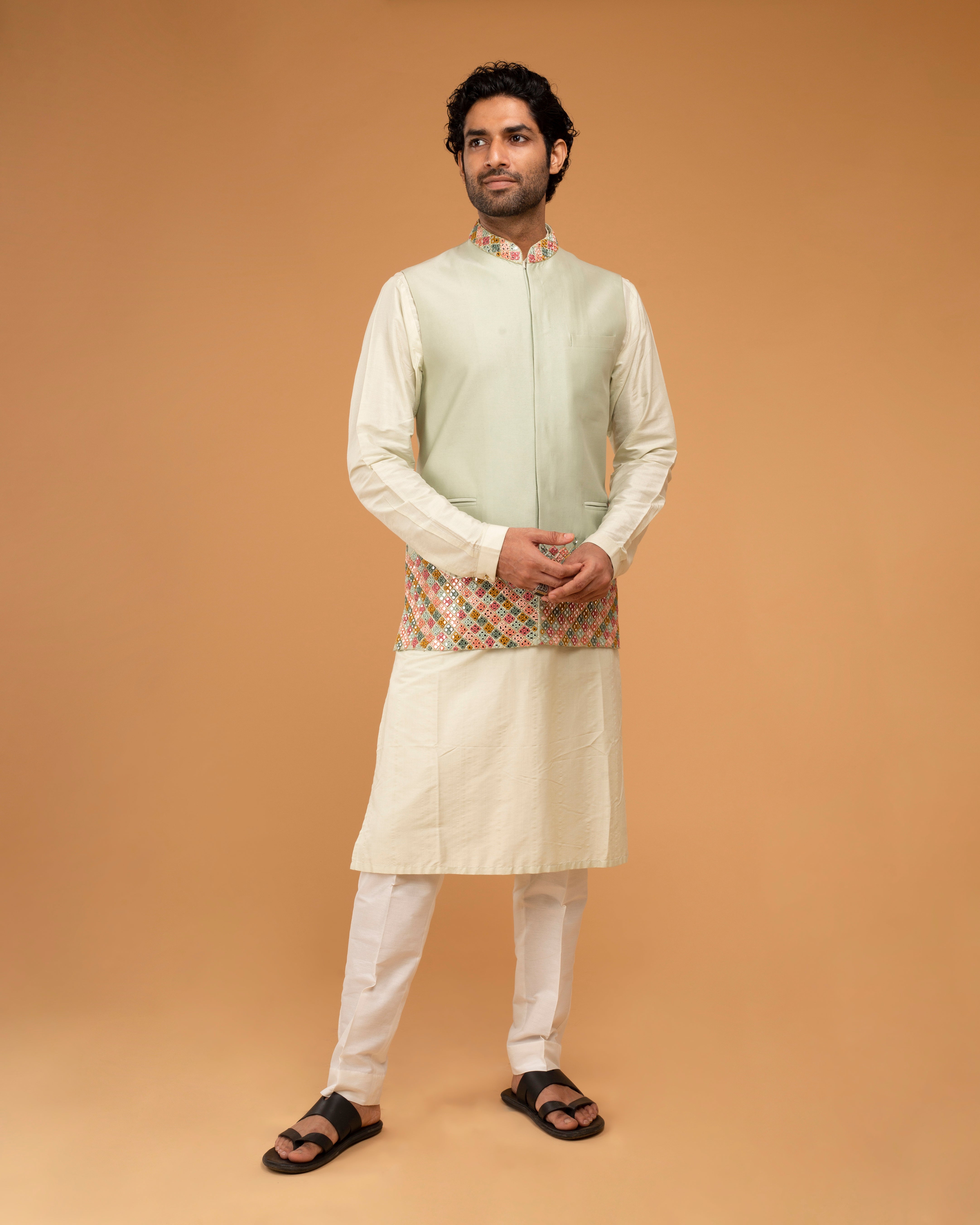 Mint Mirror Work Nehru Jacket Set