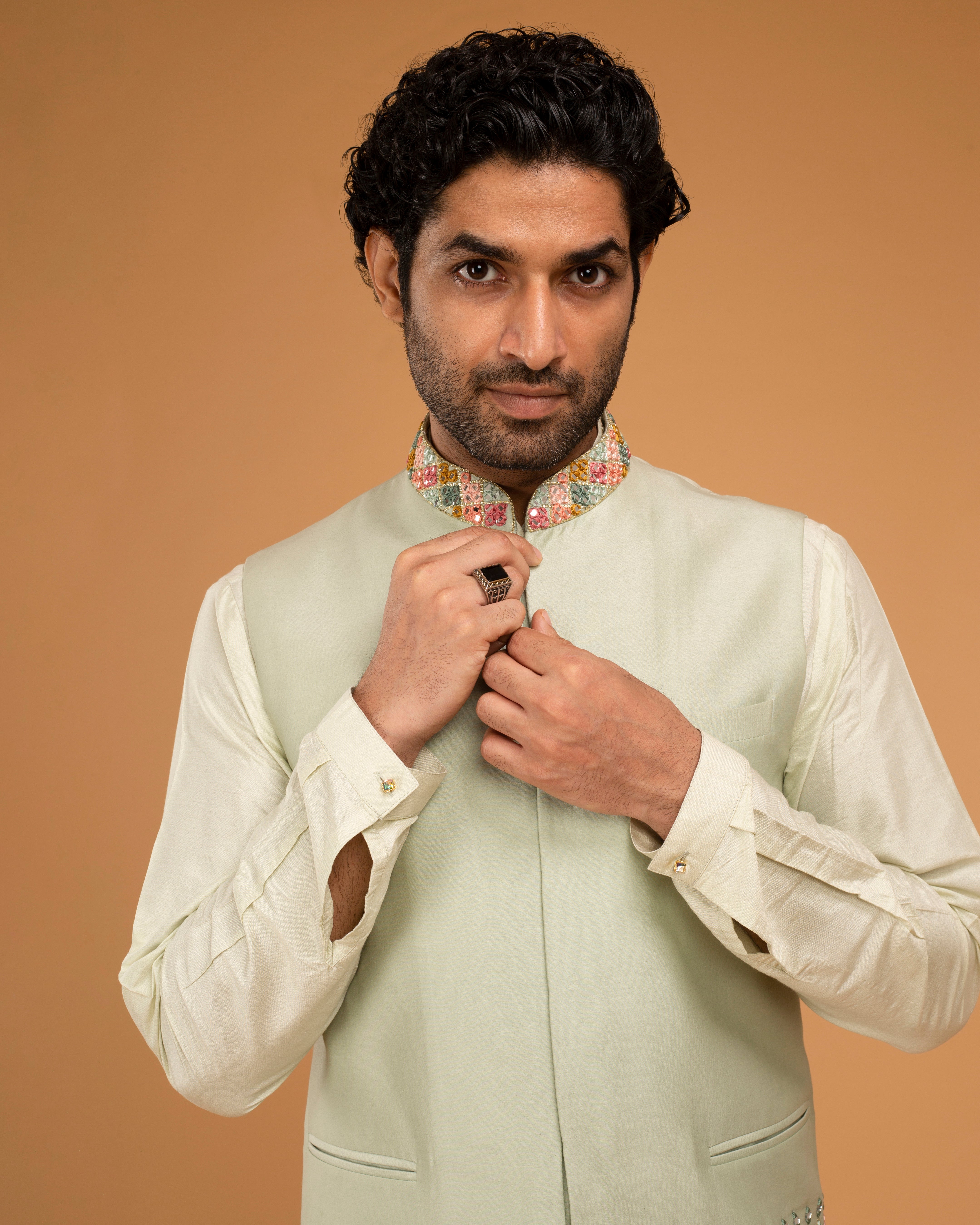 Mint Mirror Work Nehru Jacket Set