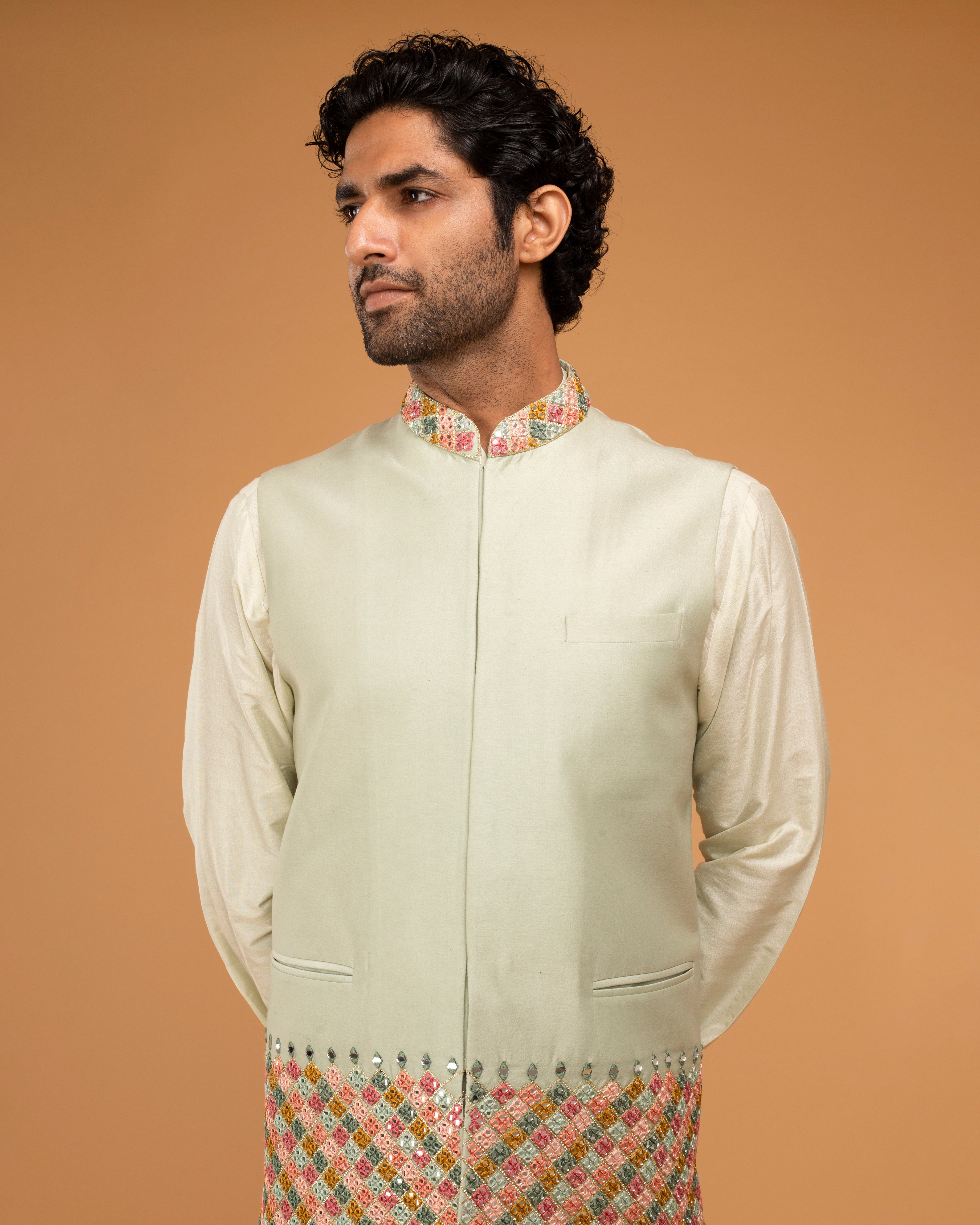 Mint Mirror Work Nehru Jacket Set