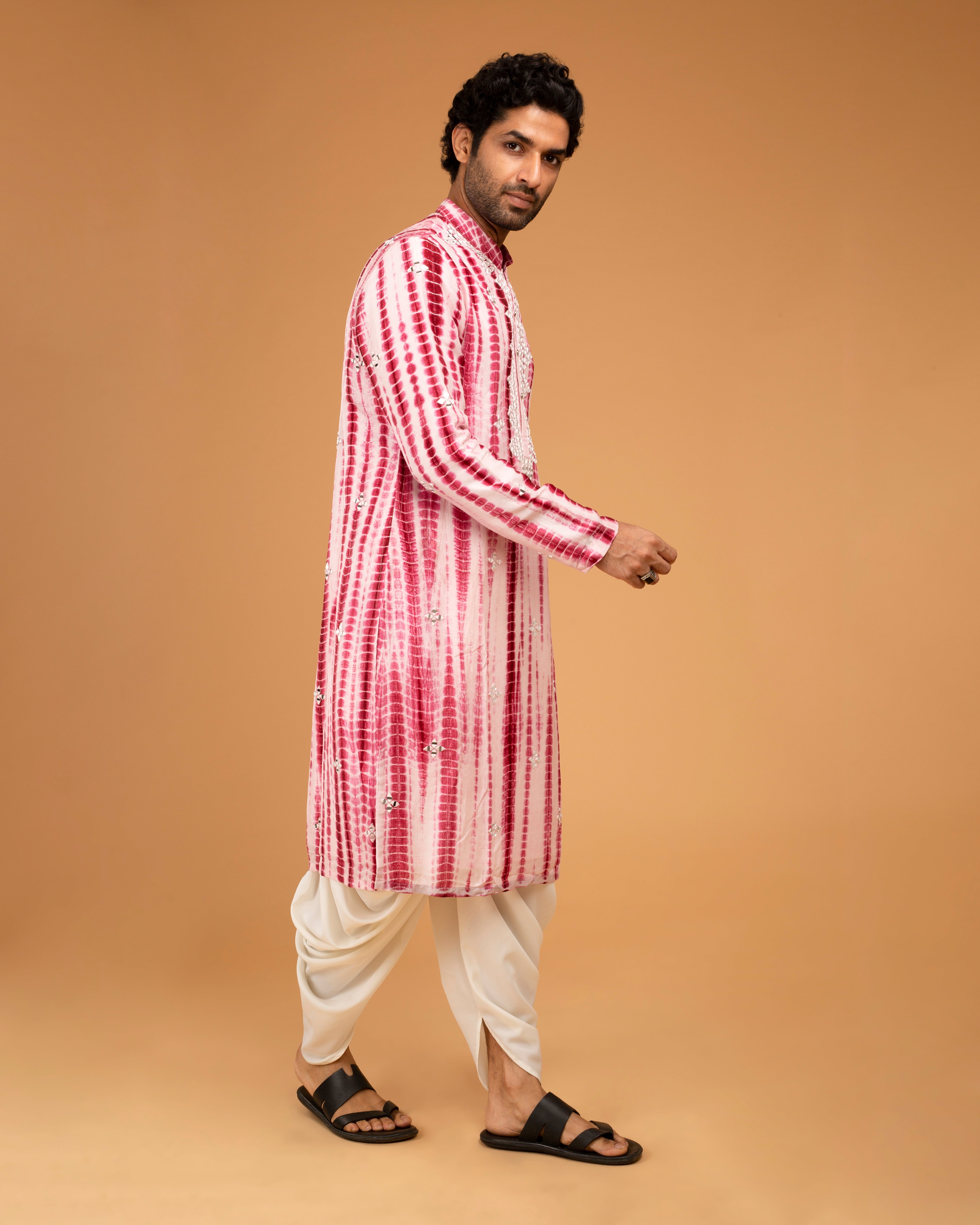 Red Tie Dye Kurta With Mirror Work