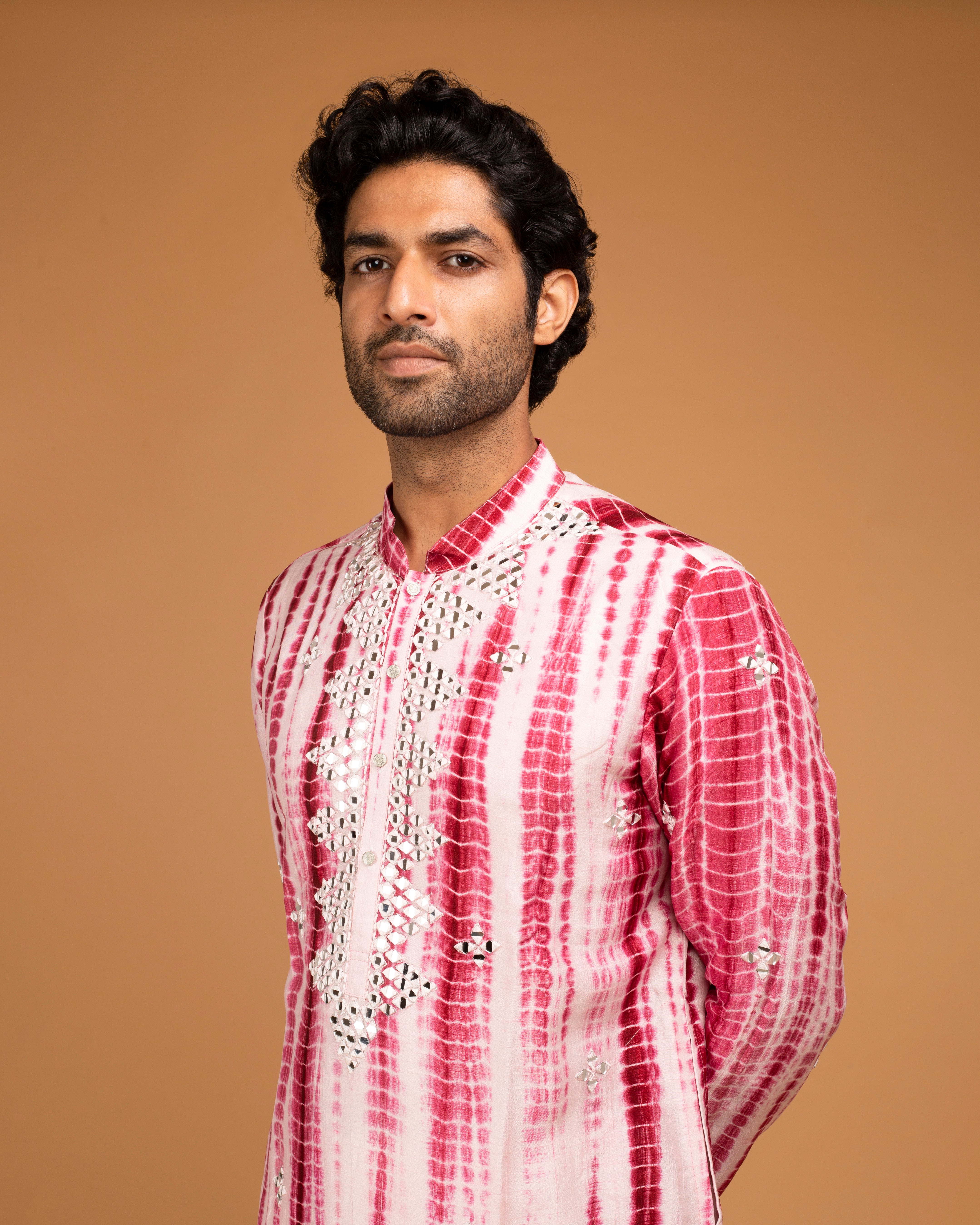 Red Tie Dye Kurta With Mirror Work