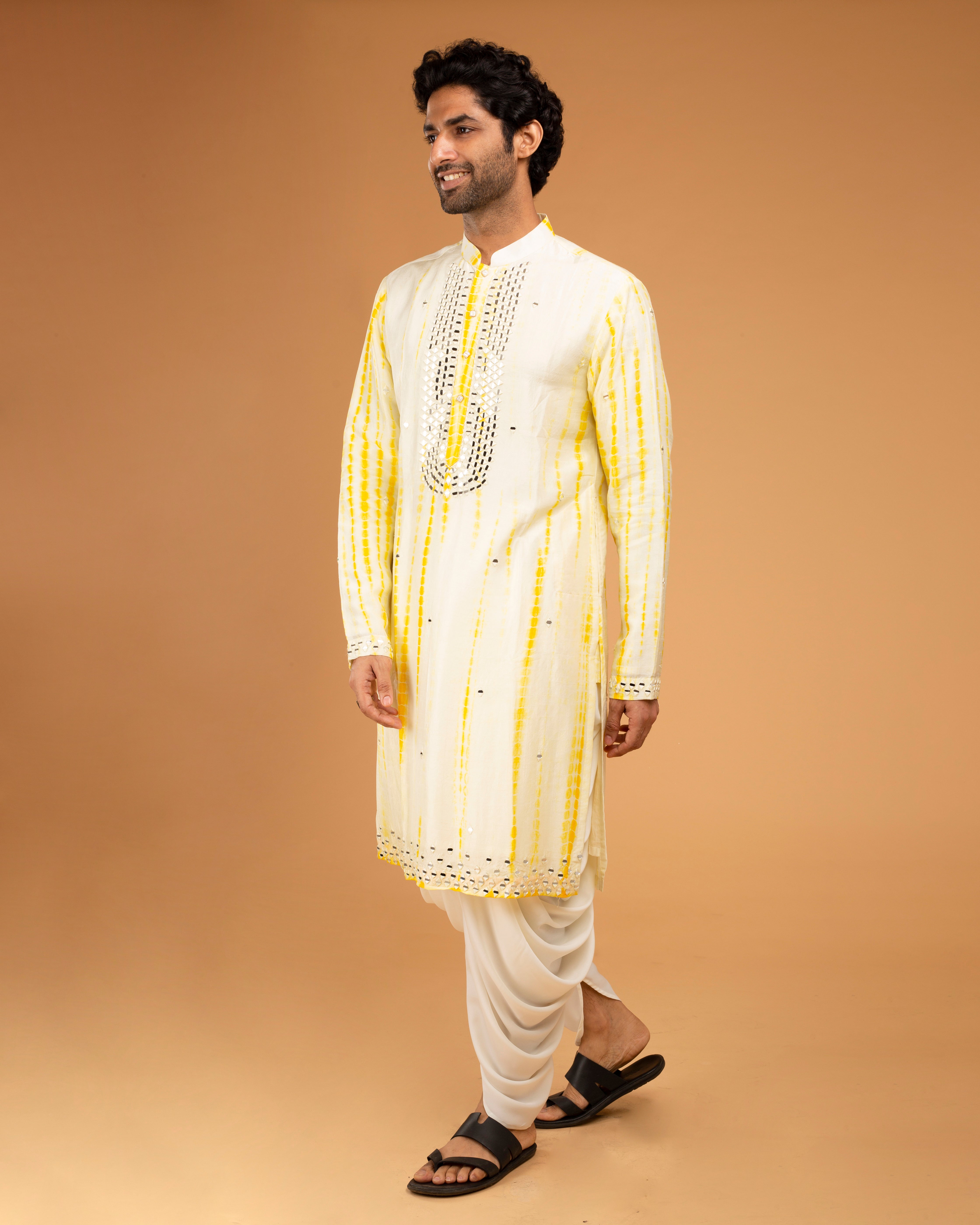 Yellow Tie Dye Kurta With Mirror Work