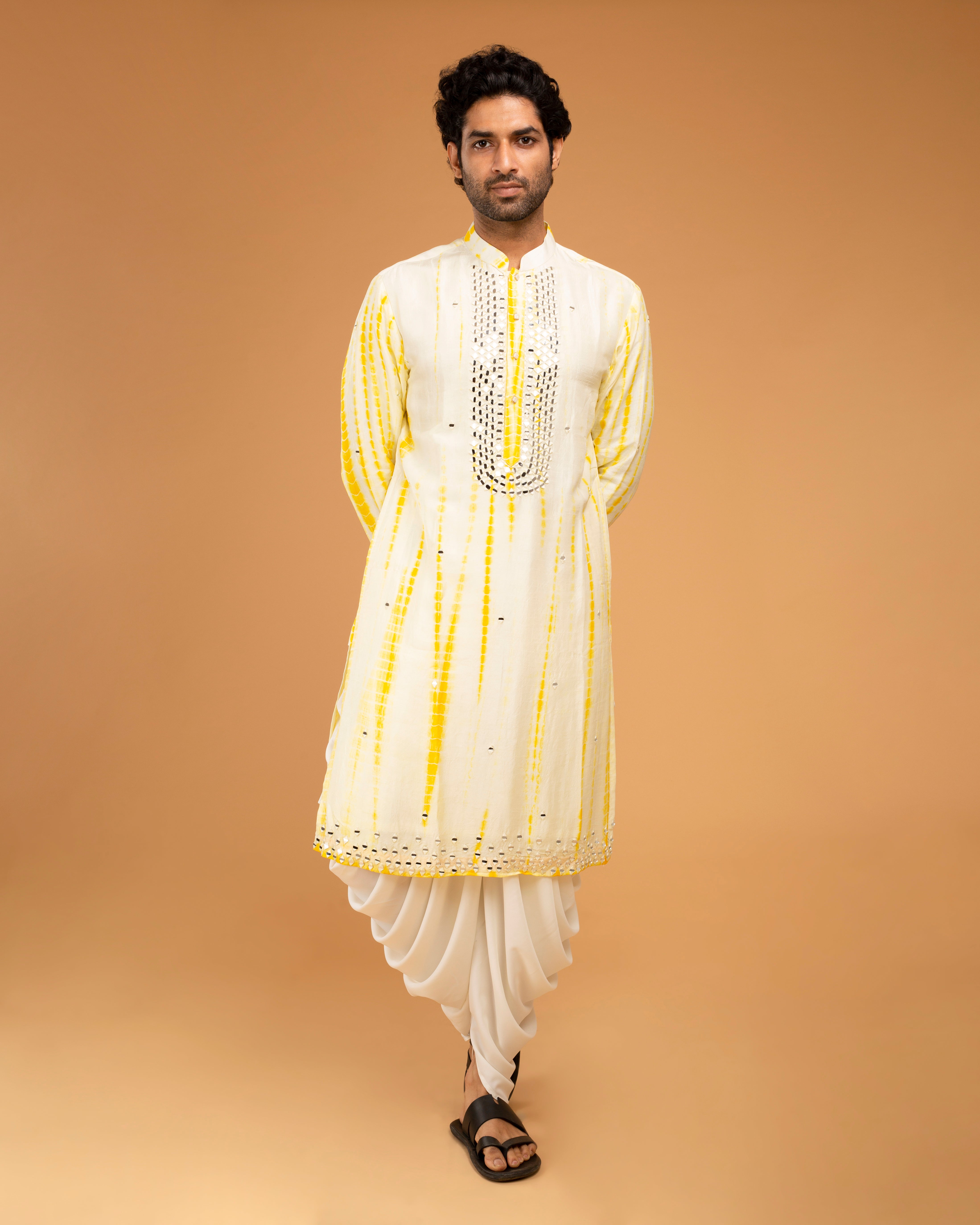 Yellow Tie Dye Kurta With Mirror Work