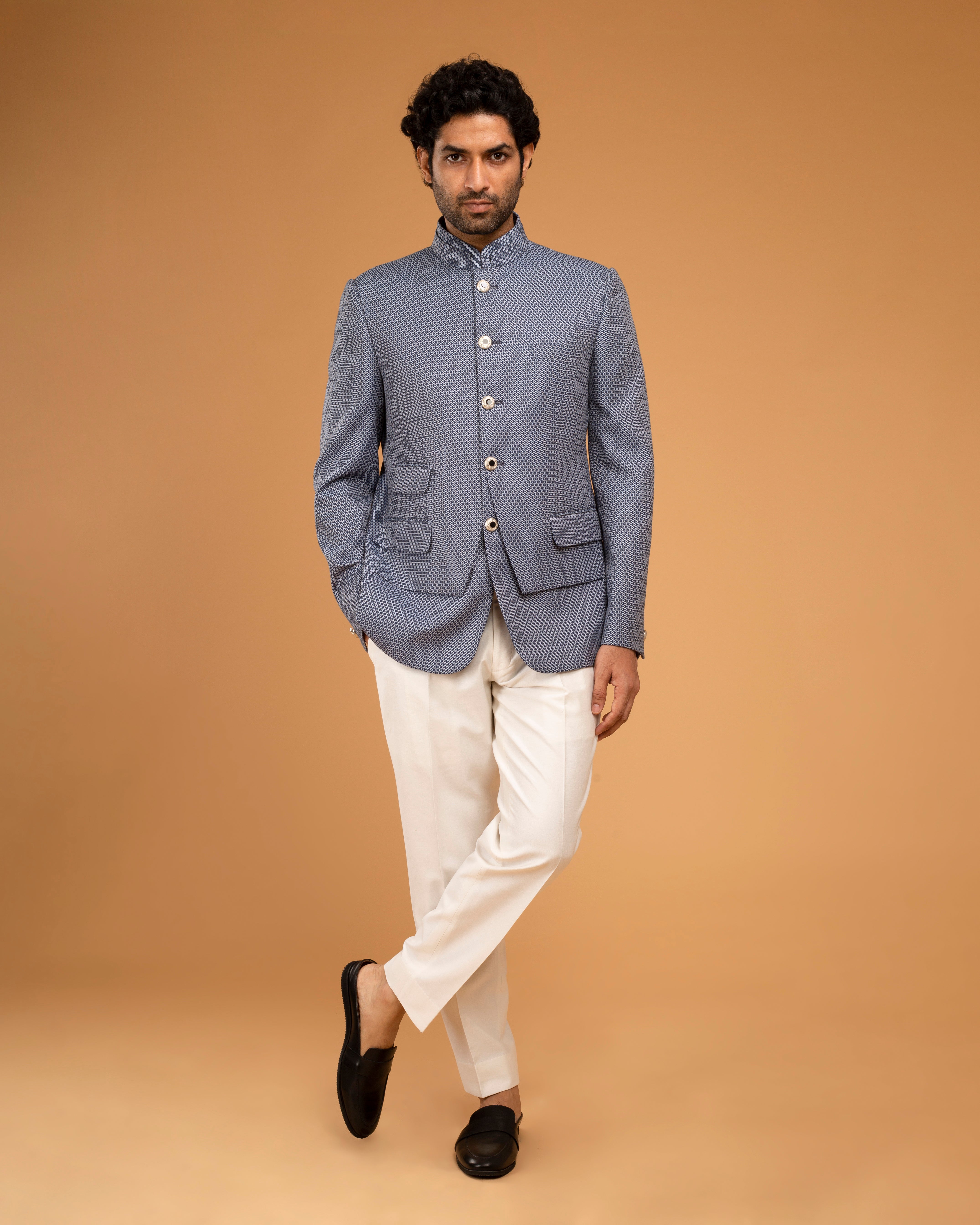 Whiteblue Texture Bandhgala With Front Panel