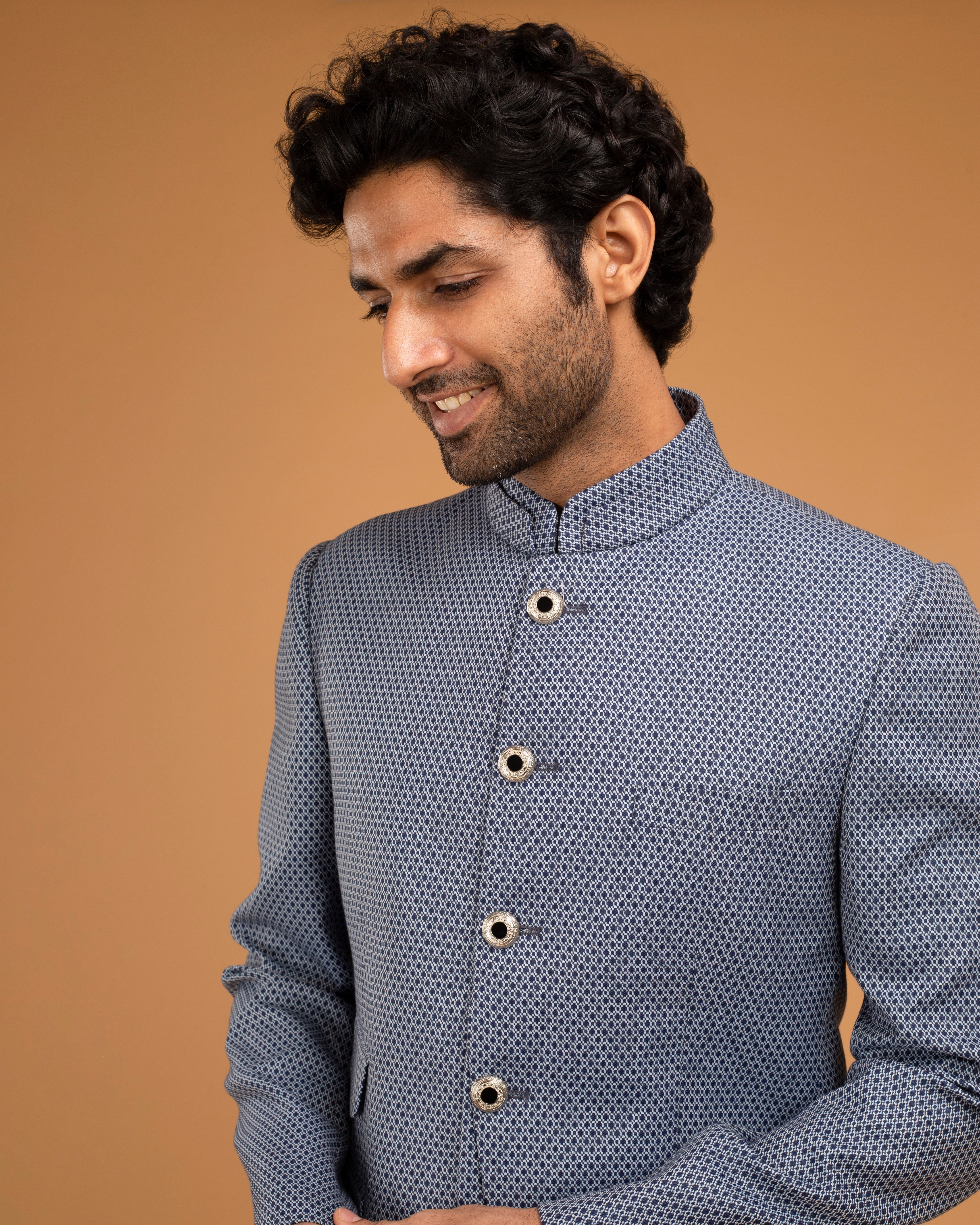 Whiteblue Texture Bandhgala With Front Panel