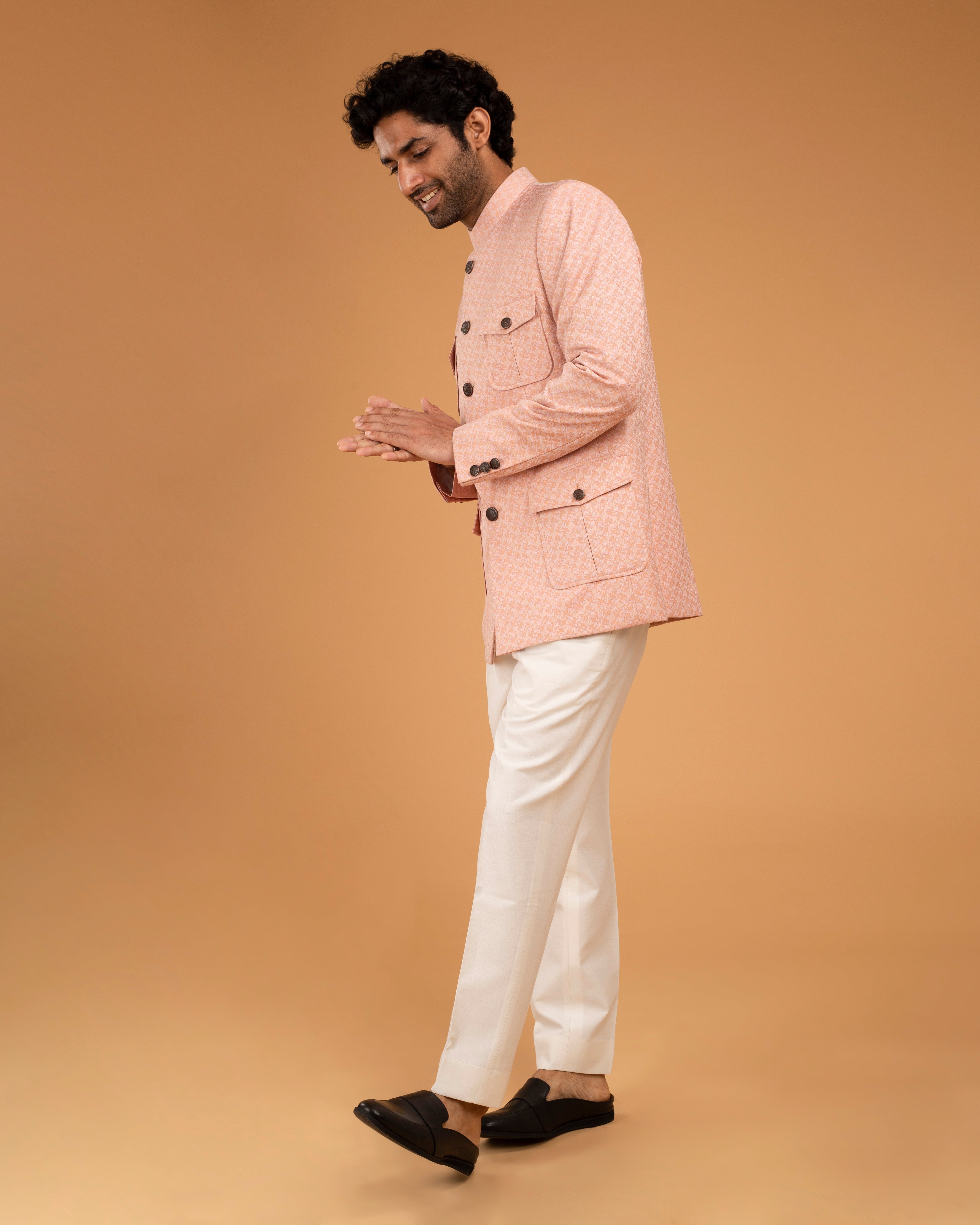Peach Jacquard Patch Pocket Bandhgala