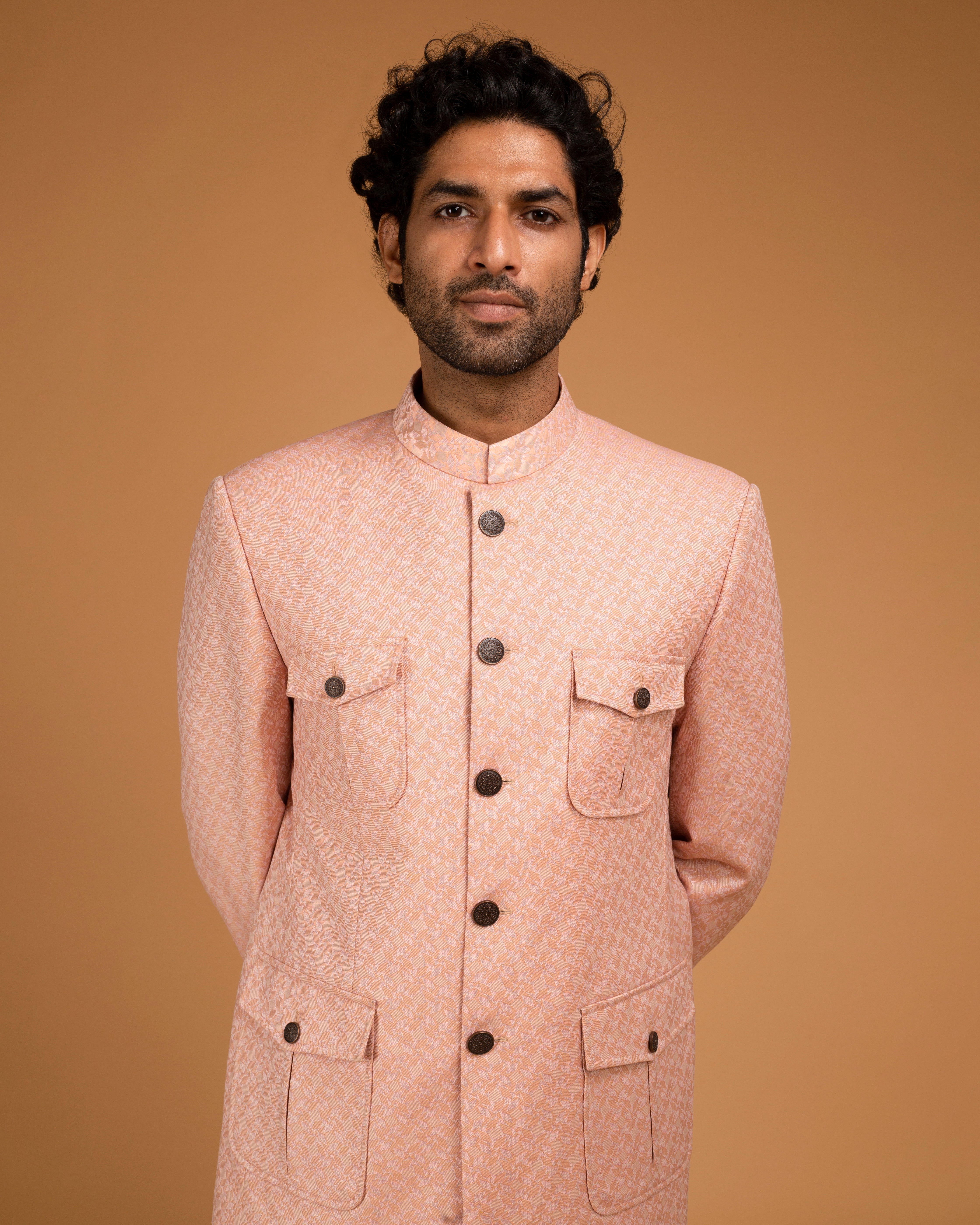 Peach Jacquard Patch Pocket Bandhgala