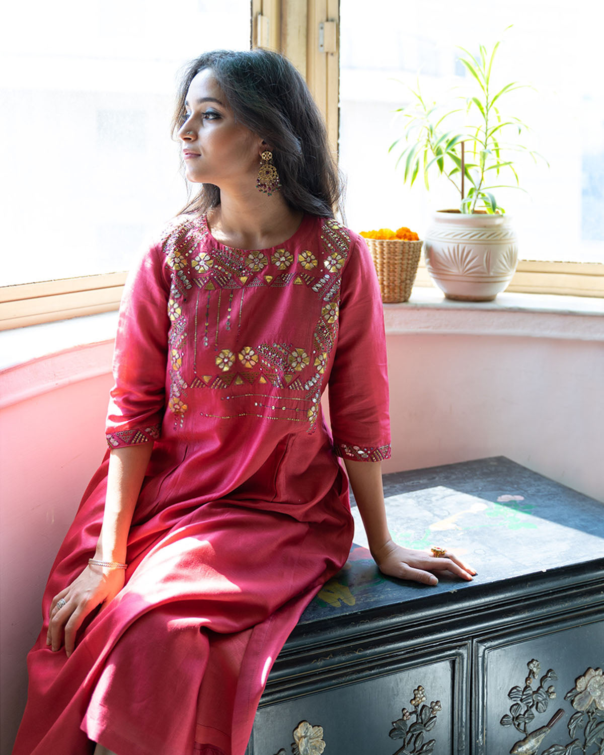 Apple Red & Ash Grey Silk Chanderi Gota Patti & Resham Handwork Ensemble