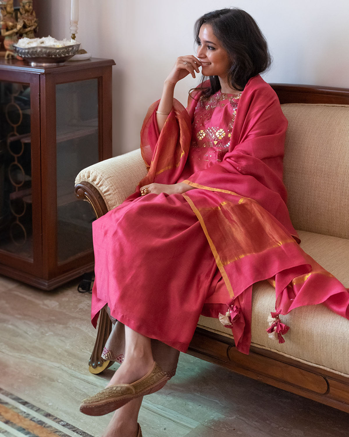 Apple Red & Ash Grey Silk Chanderi Gota Patti & Resham Handwork Ensemble