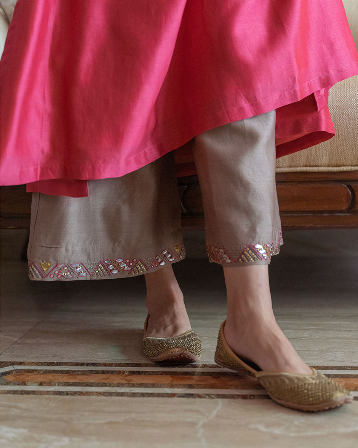 Apple Red & Ash Grey Silk Chanderi Gota Patti & Resham Handwork Ensemble